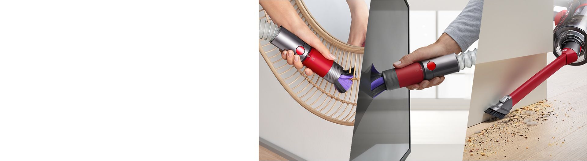 Scratch-free dusting brush, Awkward gap tool and Extension hose at work as part of the Detail cleaning kit.