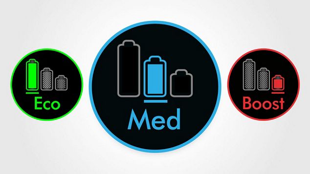 Green Eco mode, blue Auto mode and red Boost mode icons side by side.