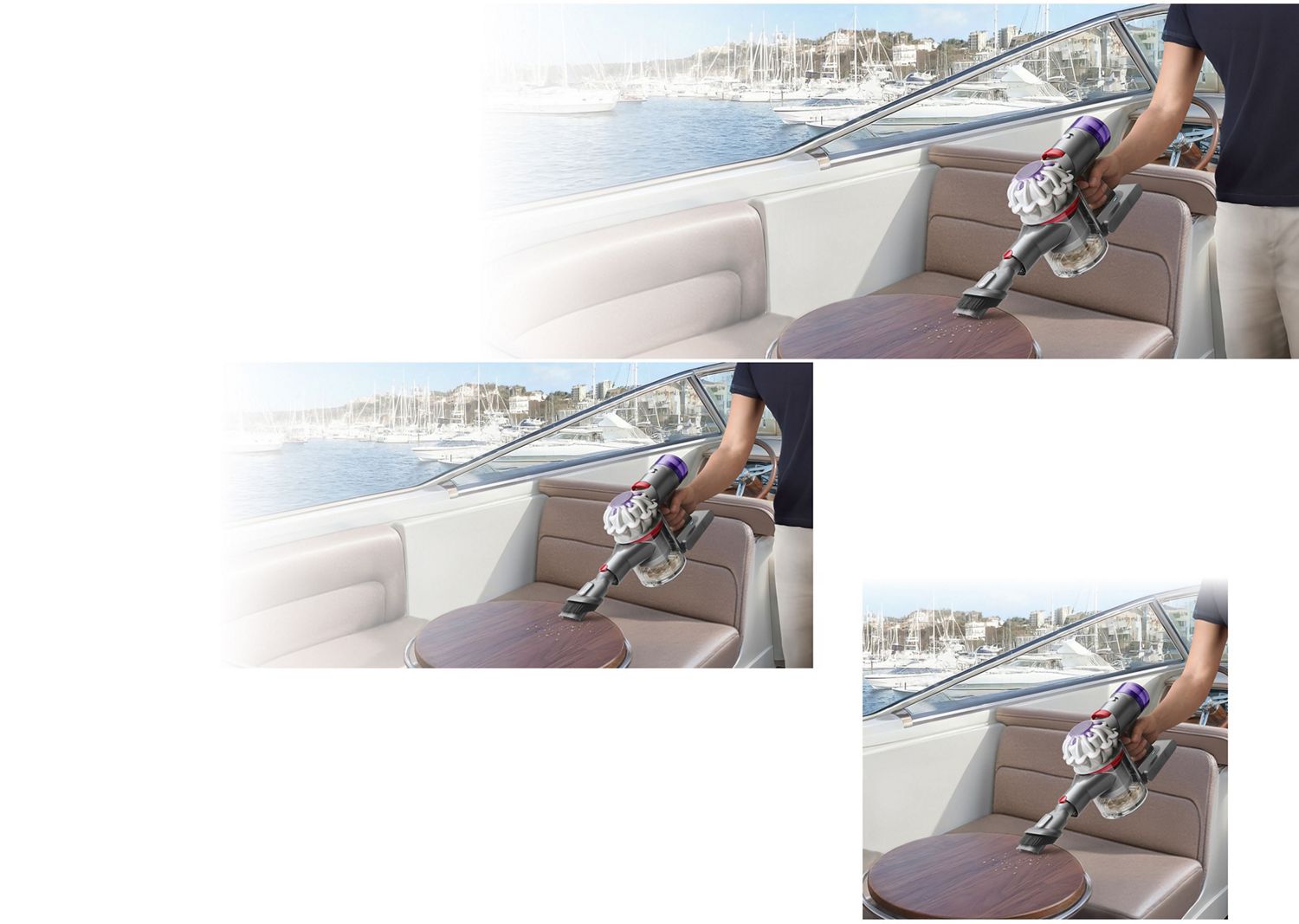 A Dyson Car+Boat handheld vacuum with the Combination tool cleans debris from a table.