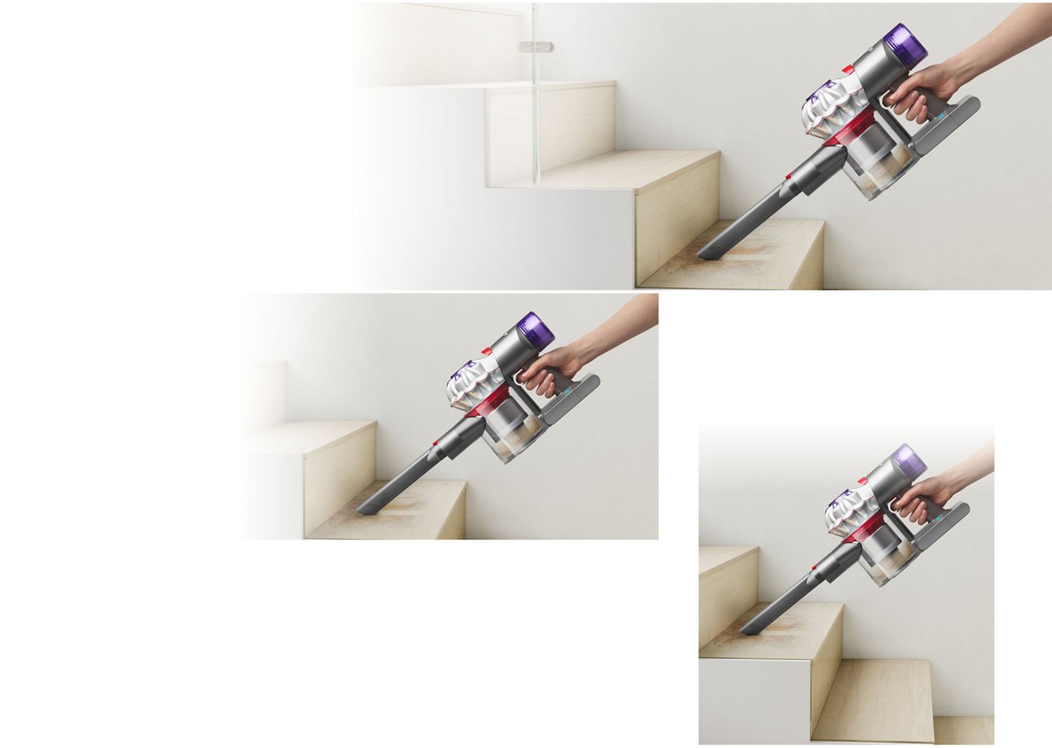 A Dyson Car+Boat handheld vacuum with the Crevice tool cleans into the corner of stairs.