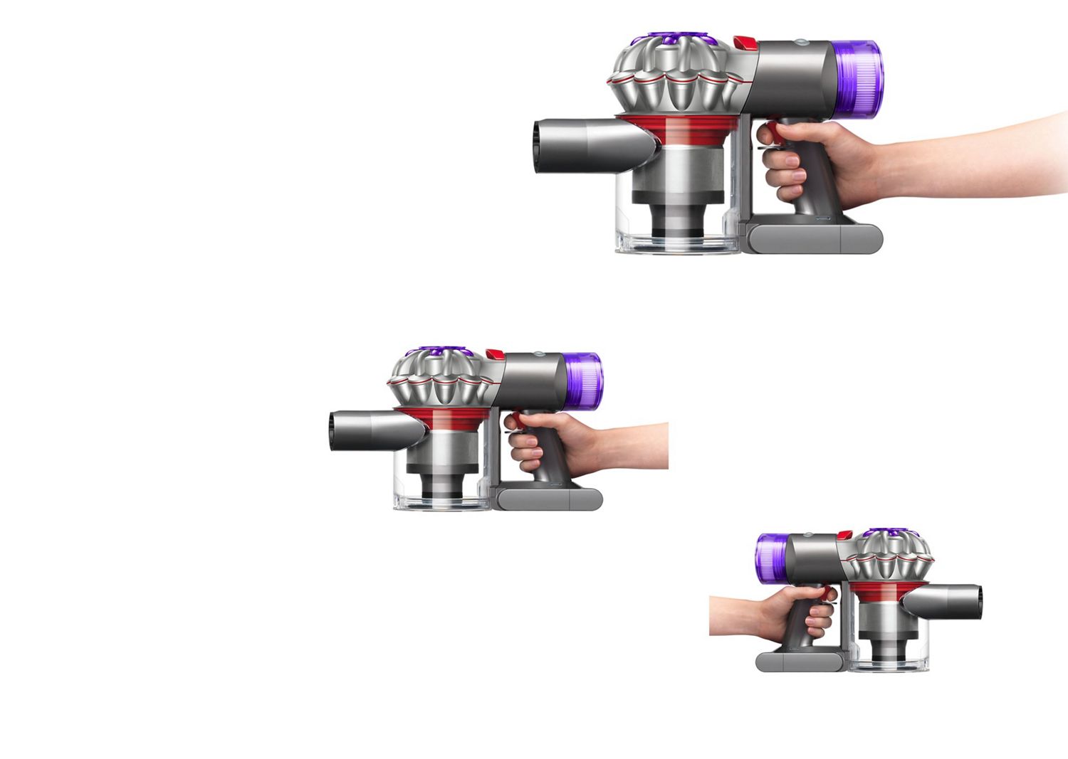 A hand holds the ergonomically designed handle of the Dyson Car+Boat vacuum.