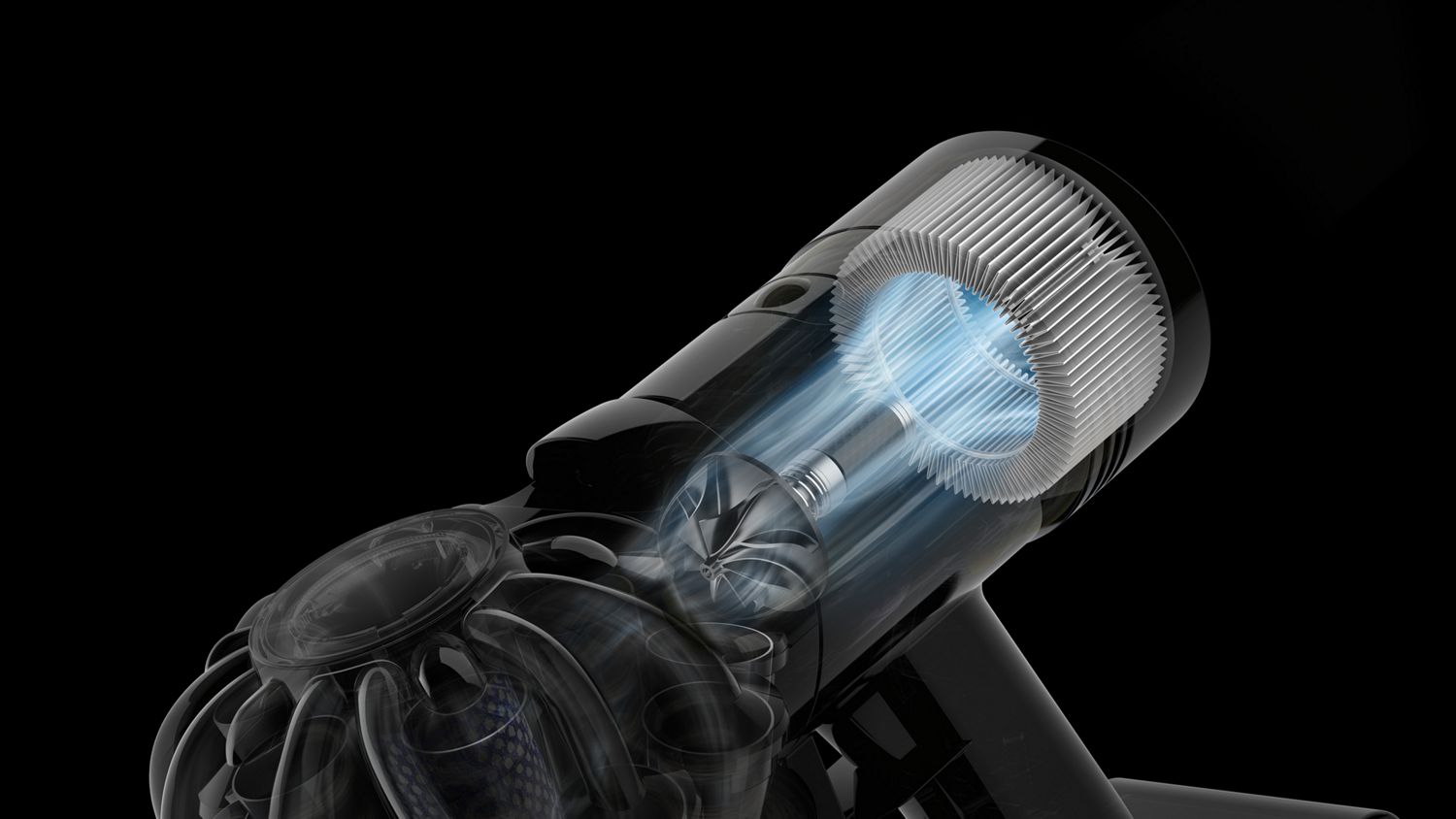 A cutaway of the motor in the Dyson Car+Boat handheld vacuum cleaner.