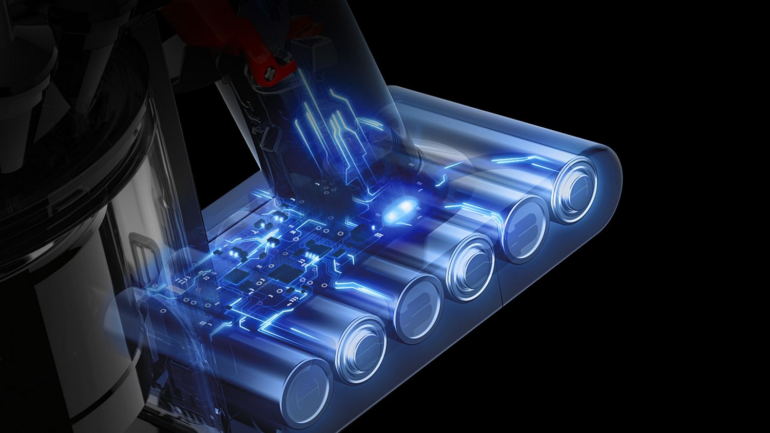 A cutaway of the batteries in the Dyson Car+Boat handheld vacuum cleaner.