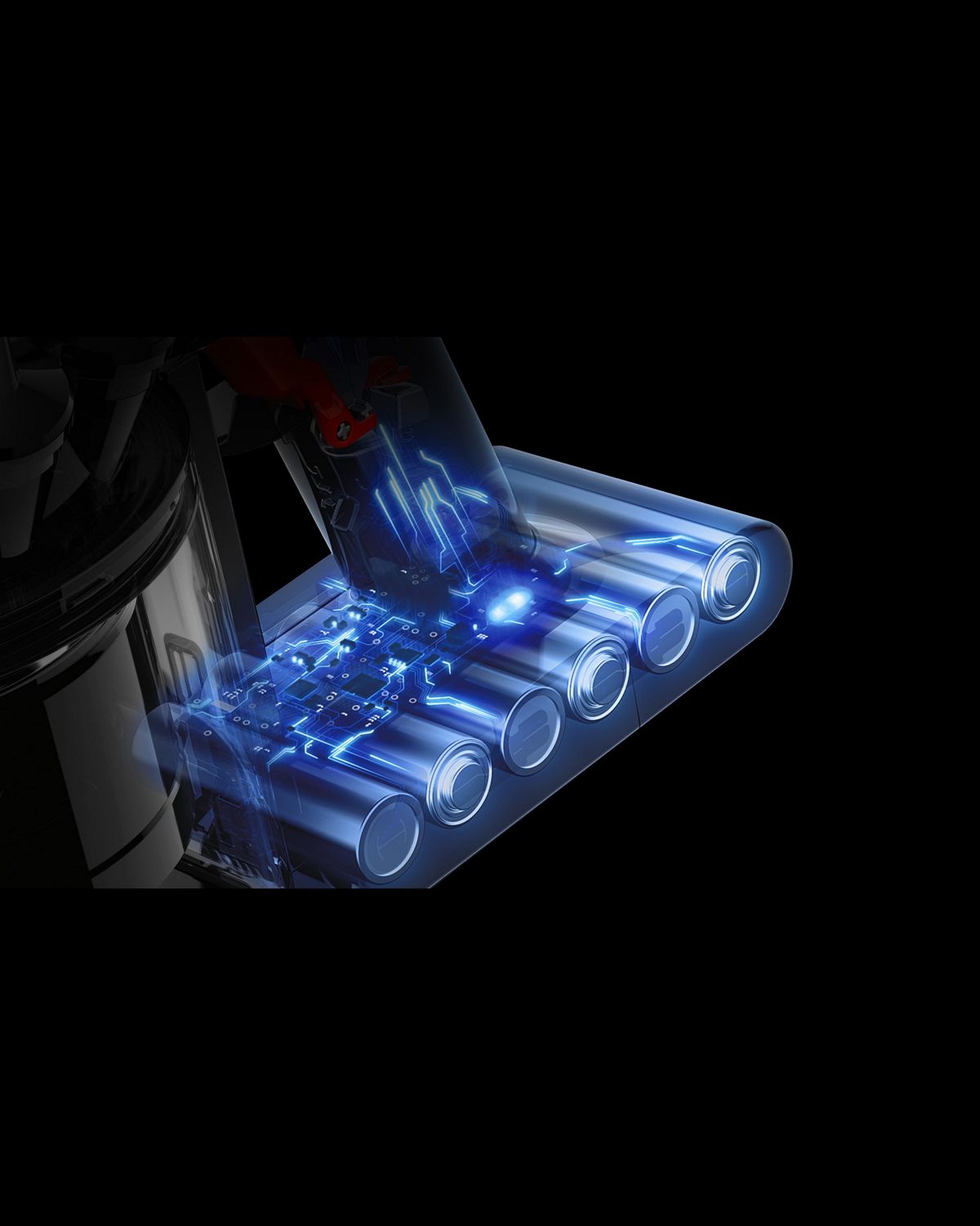 A cutaway of the batteries in the Dyson Car+Boat handheld vacuum cleaner.