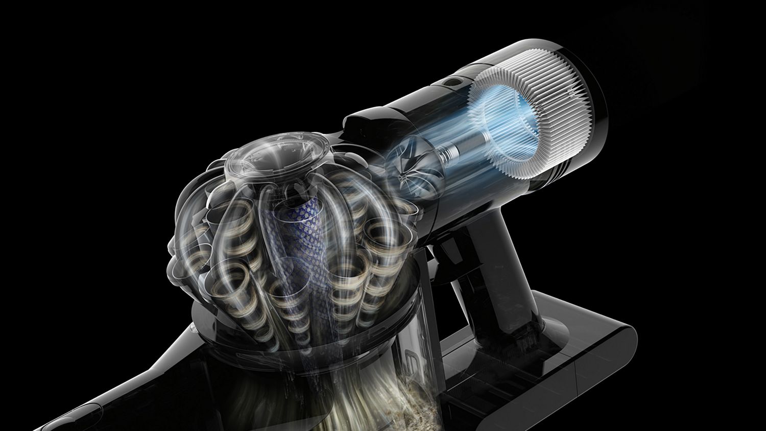 A cutaway of the filter in the Dyson Car+Boat handheld vacuum cleaner.