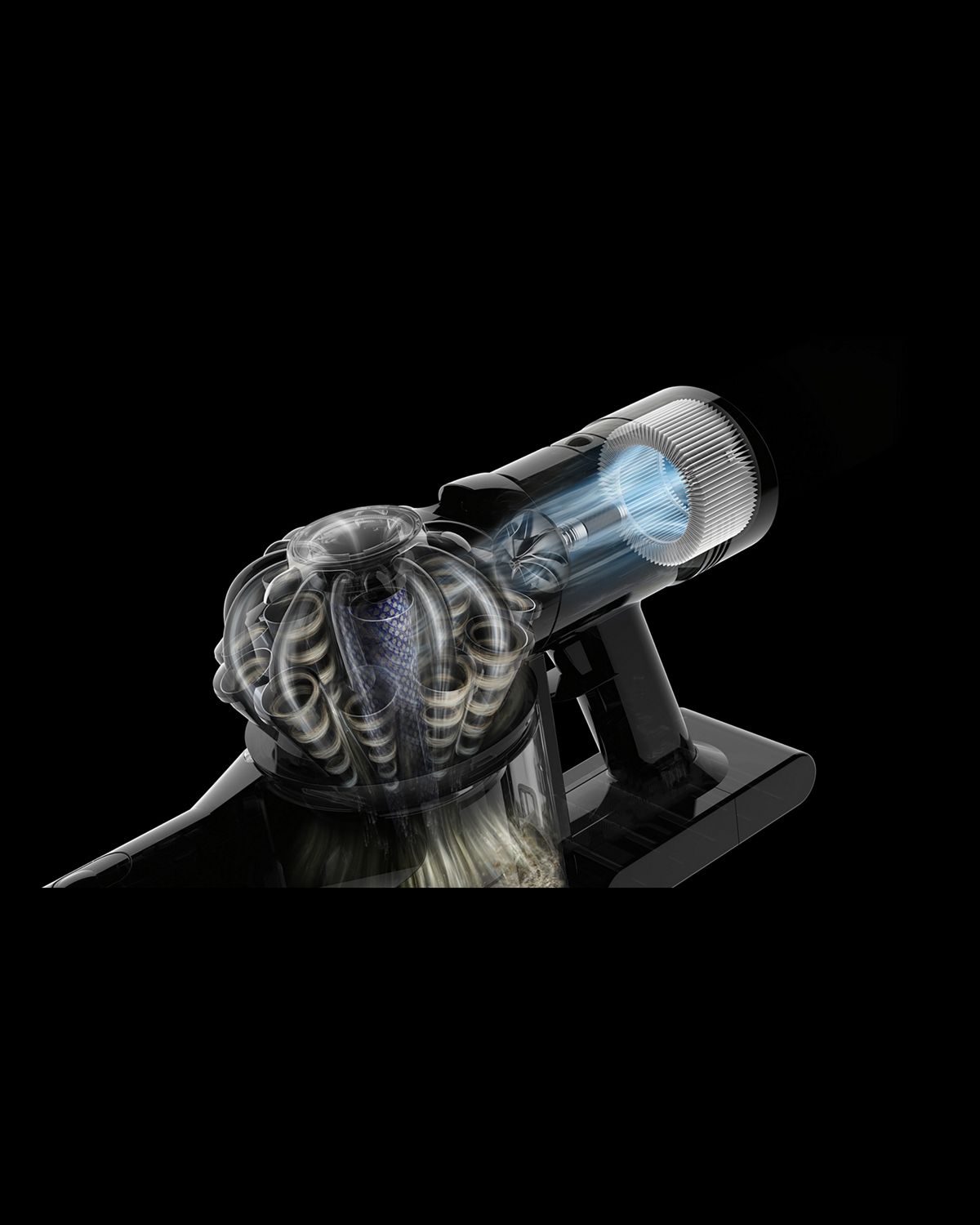 A cutaway of the filter in the Dyson Car+Boat handheld vacuum cleaner.