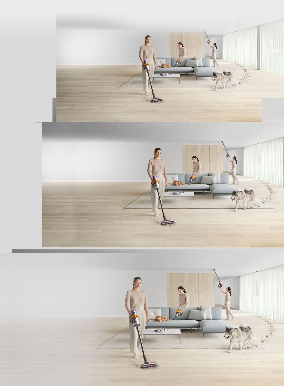 Woman using Dyson vacuum around the home in different situations.