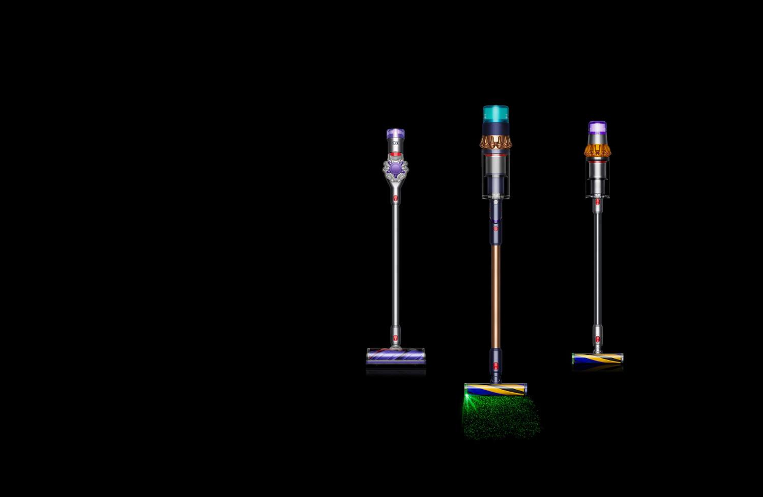 Three different Dyson vacuums shown front-on, in a row.