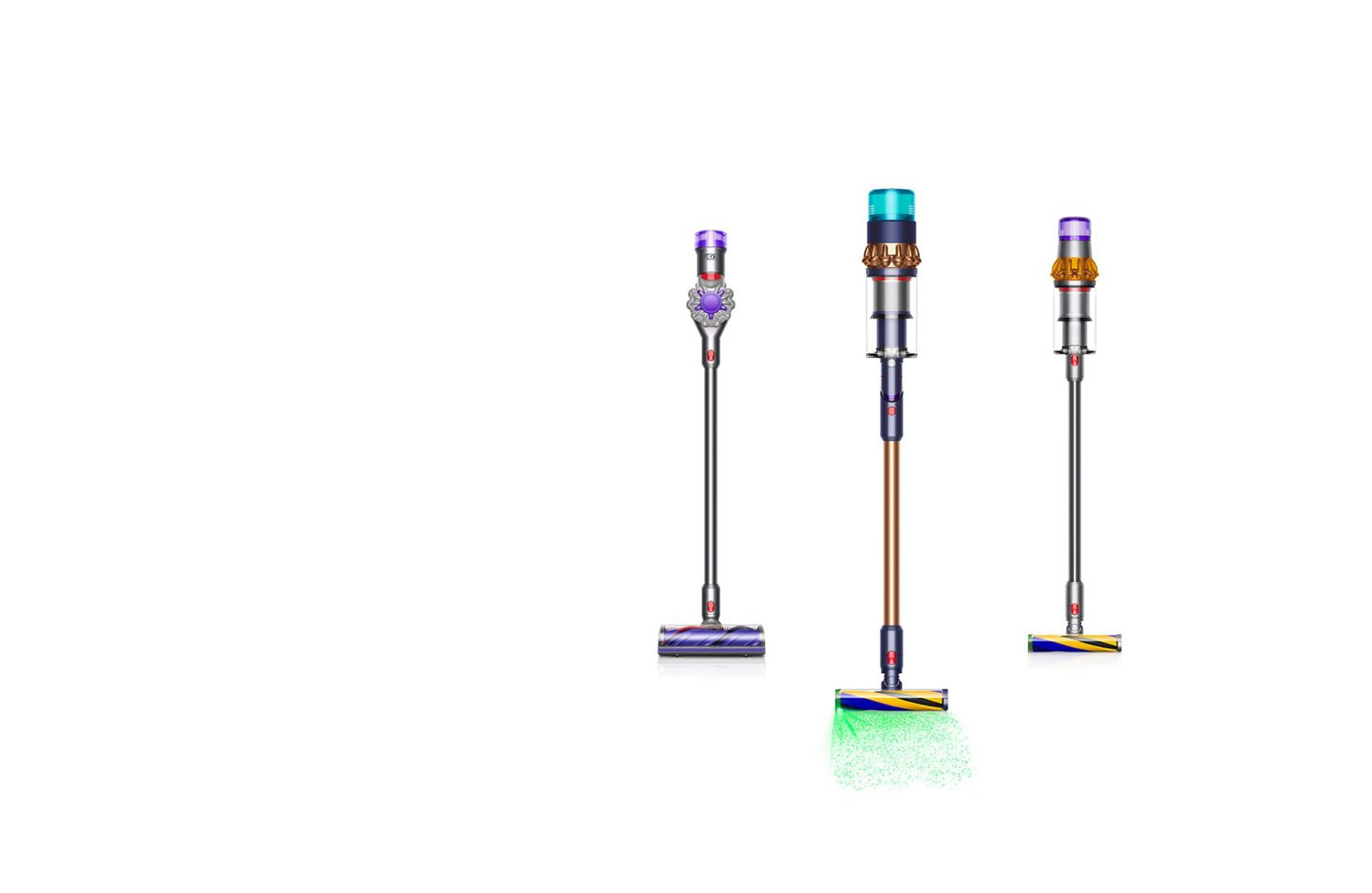 Ein Dyson V15 Detect kabelloser Staubsauger neben einem Dyson Outsize kabellosen Staubsauger