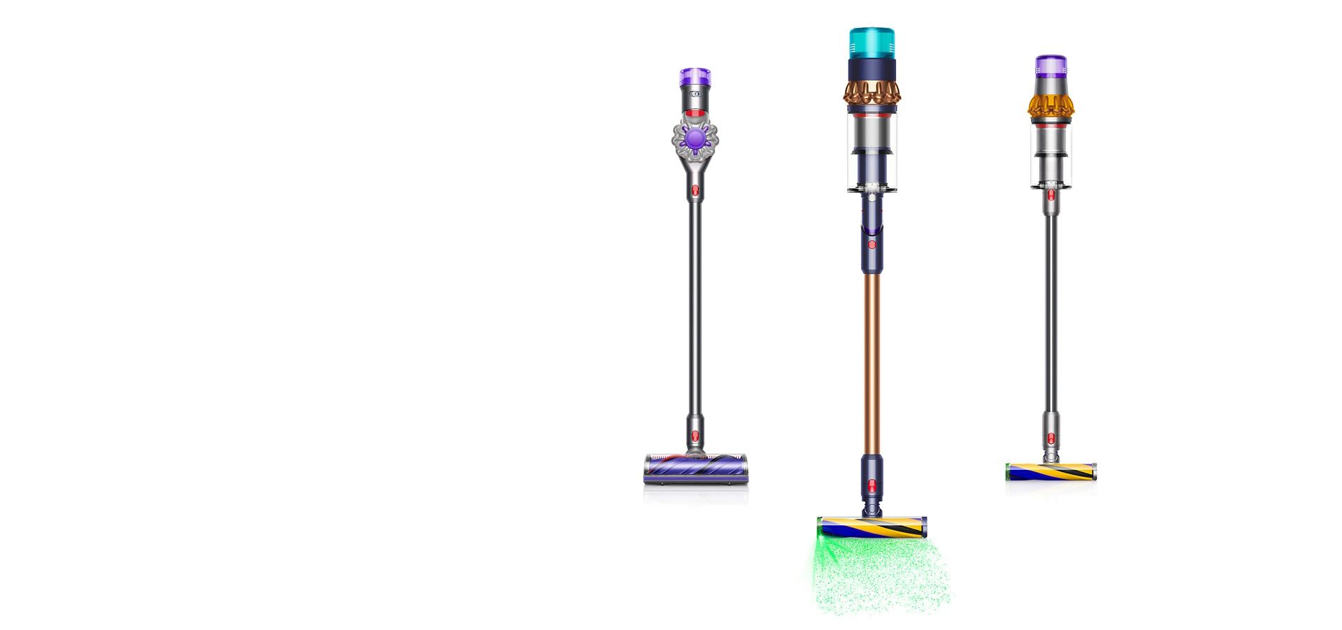 Ein Dyson V15 Detect kabelloser Staubsauger neben einem Dyson Outsize kabellosen Staubsauger