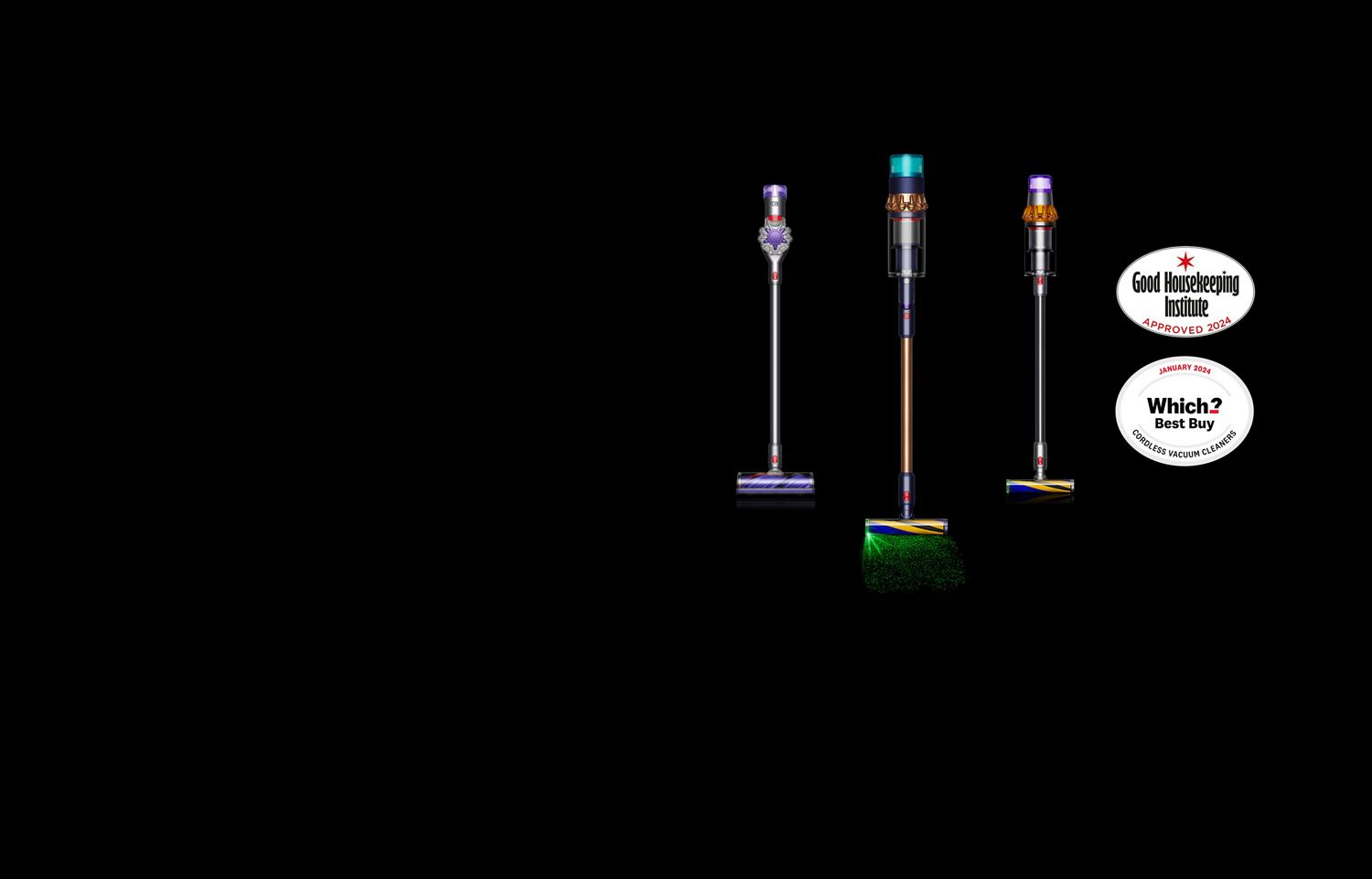 Three different Dyson vacuums shown front-on, in a row.