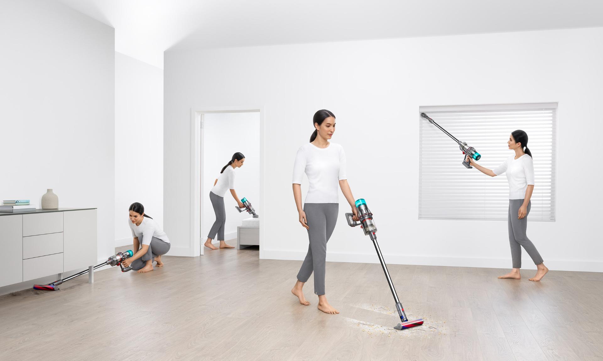 Woman cleaning different areas around the house.