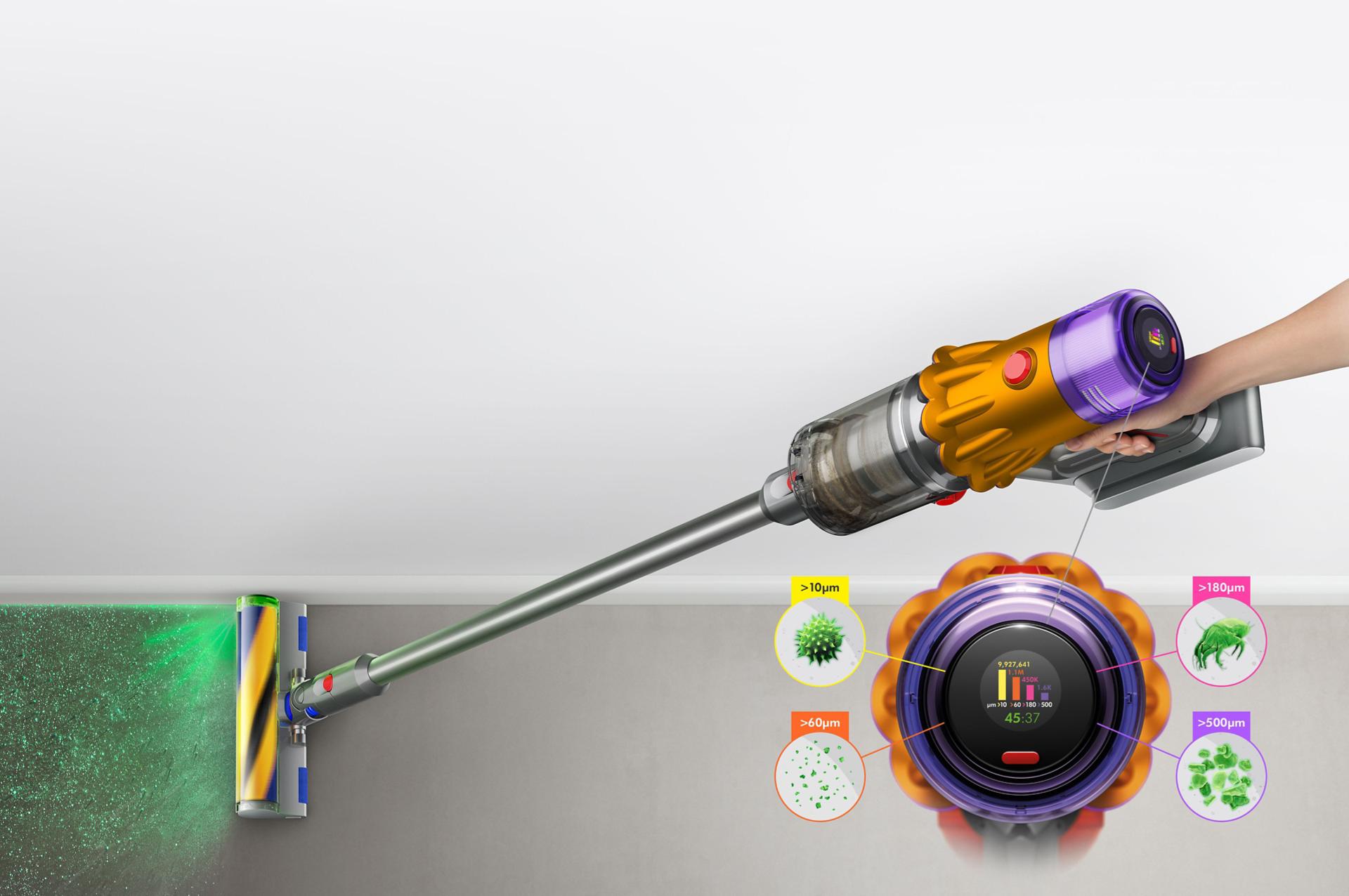 Dyson V12 Detect Slim vacuum with Fluffy optic cleaner head, showing sizes of dust detected