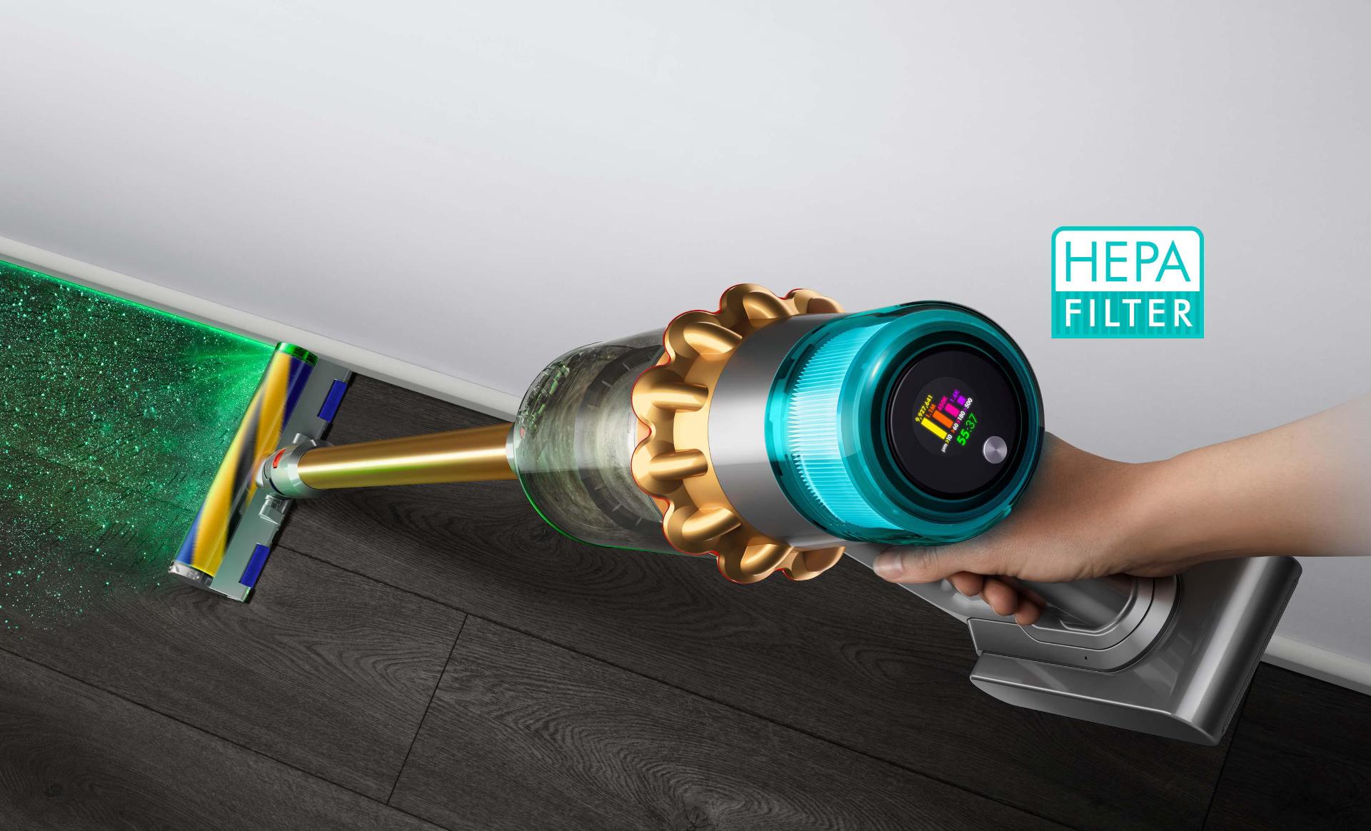 Dyson V12 Detect Slim vacuum with Fluffy optic cleaner head, showing sizes of dust detected