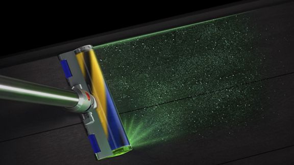 Dyson V12 Detect Slim vacuum with Slim Fluffy Laser cleaner head, showing sizes of dust detected