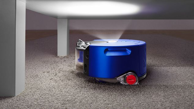 Dyson 360 Heurist robot aspirapolvere che fa luce in una zona buia