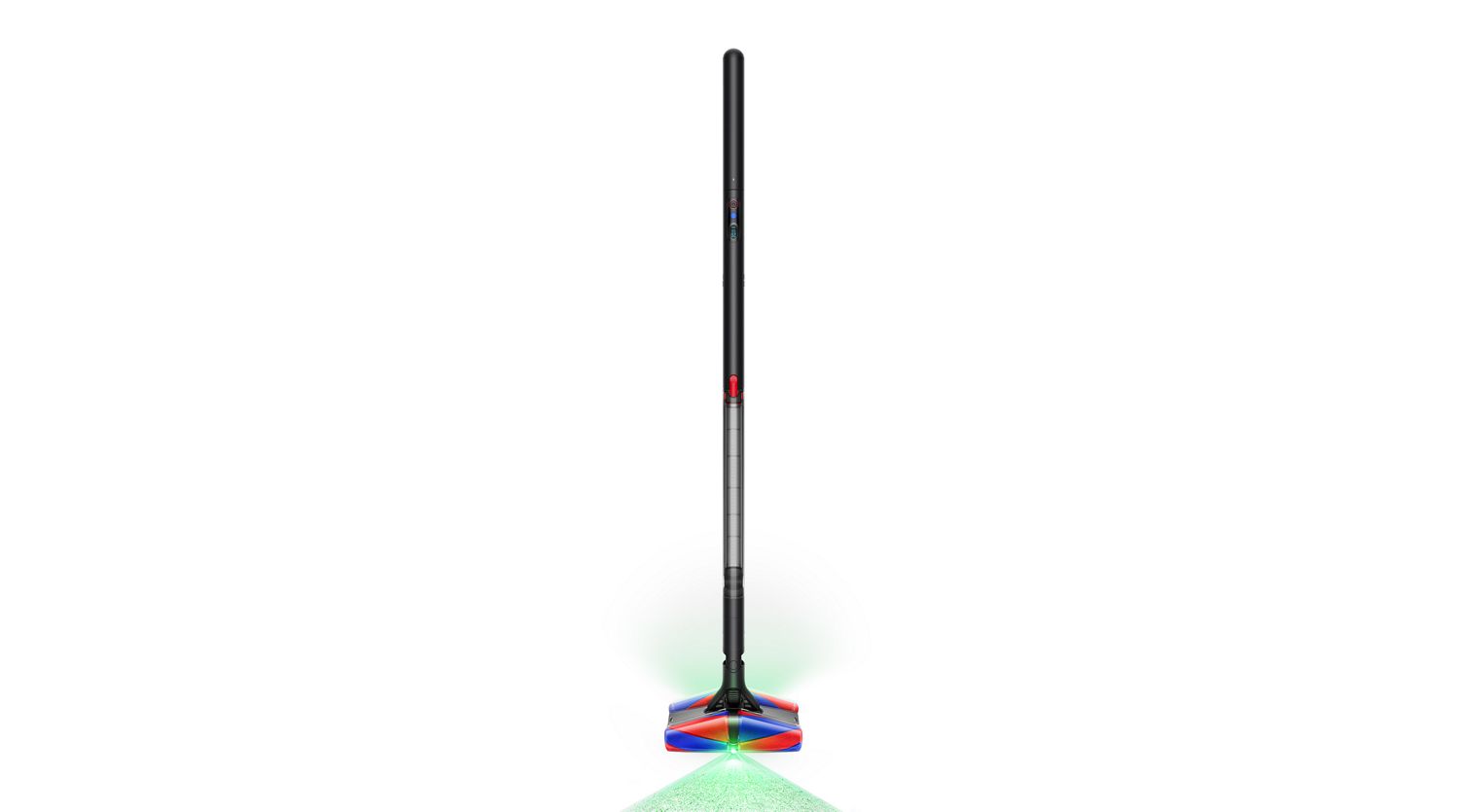 The Dyson PencilVac Fluffycones cleaner seen from the front with illumination from the cleaner head.