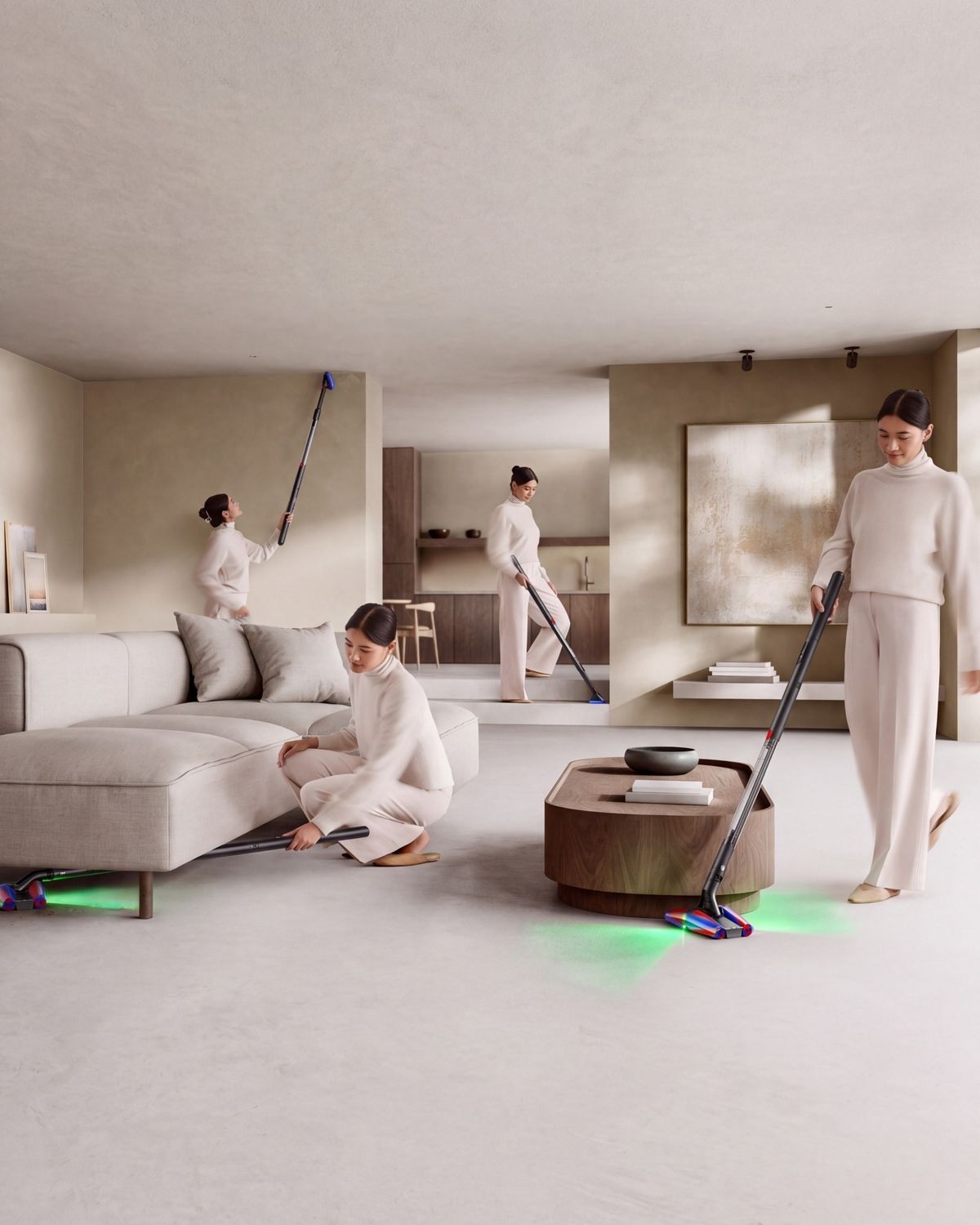 A person cleans around their home with the Dyson PencilVac Fluffycones cleaner.