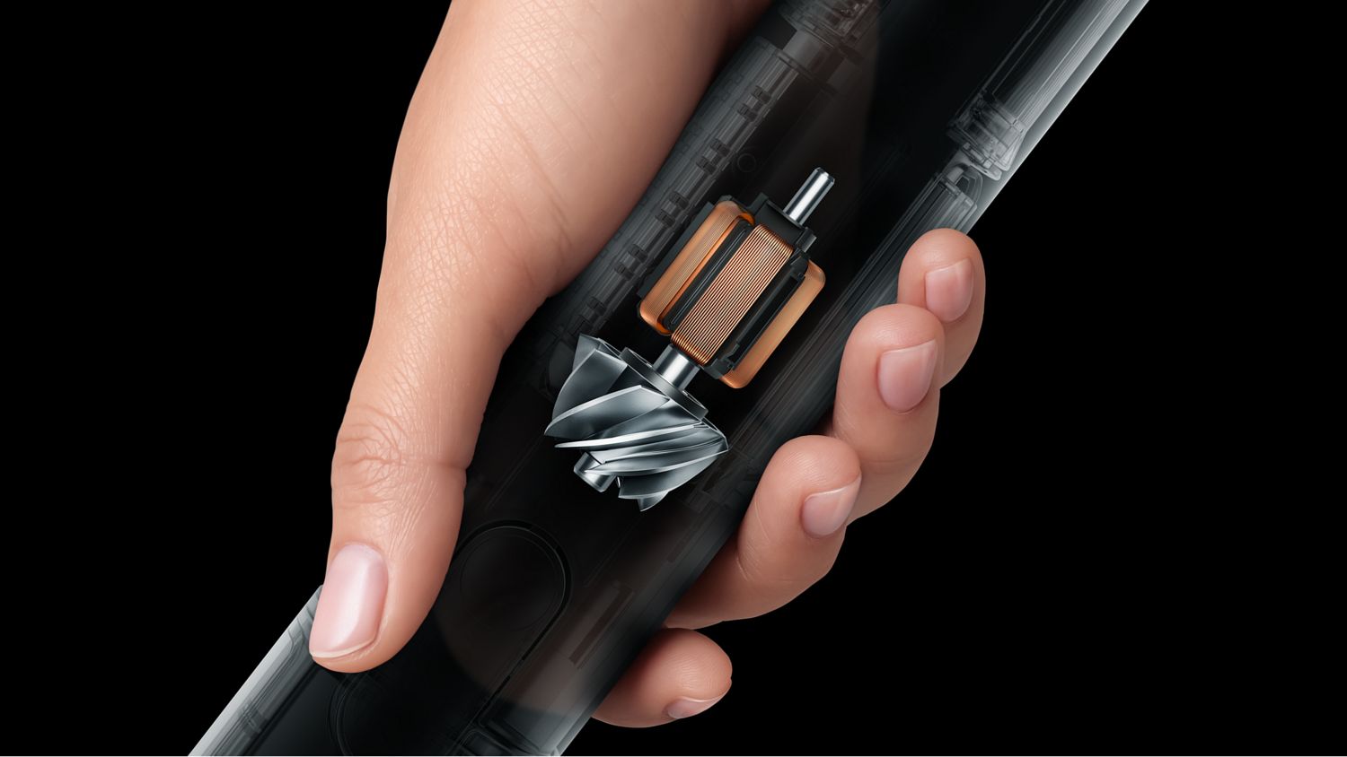 A cutaway showcasing the Dyson PencilVac motor.