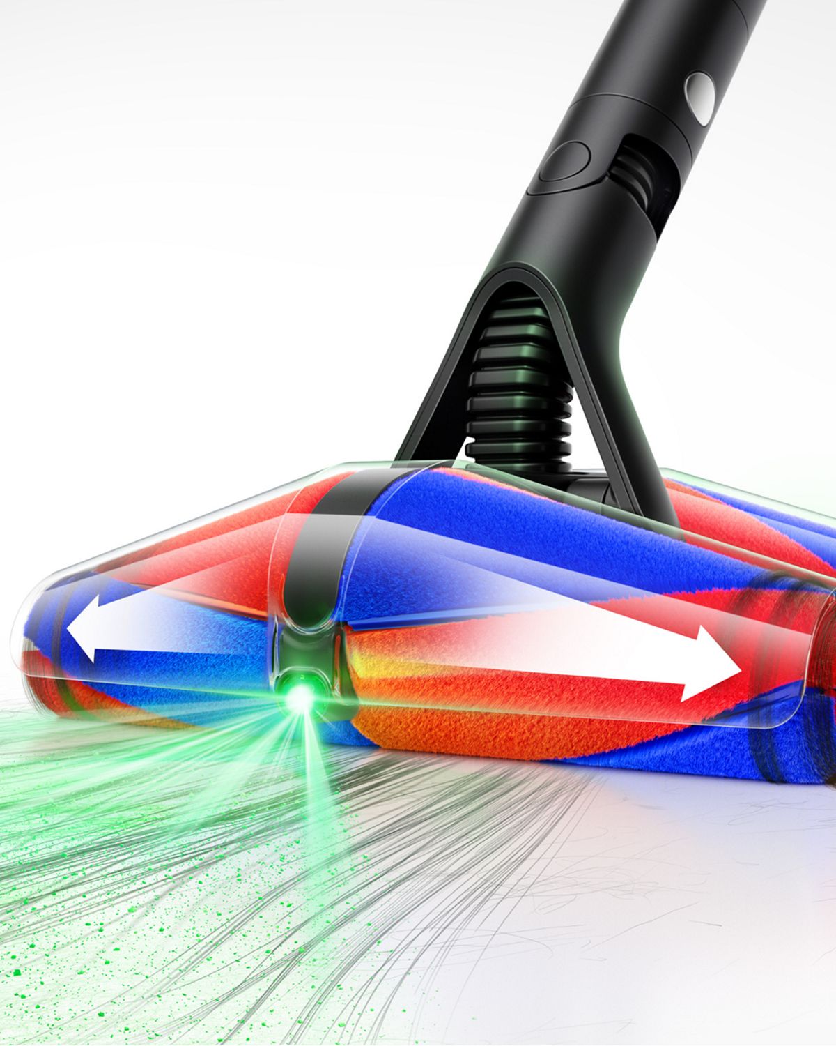 A close up of the Dyson PencilVac Fluffycones cleanerhead illuminated and cleaning up long hair.