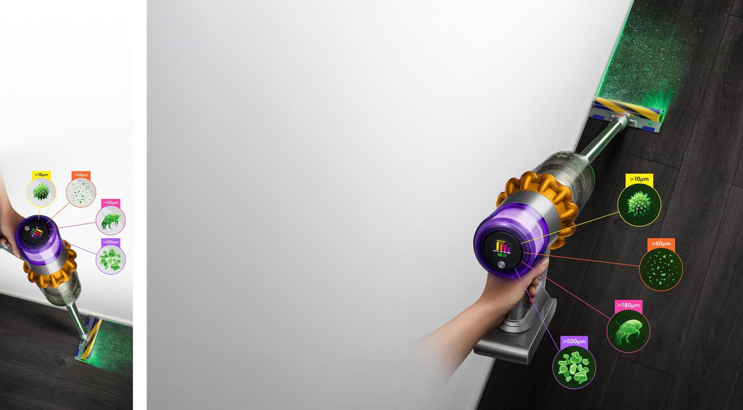 Aspirateur Dyson V15 Detect avec la brosse Laser Slim Fluffy, montrant la taille des poussières détectées