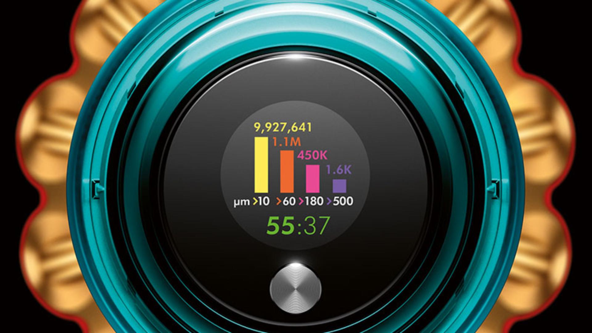 LCD kijelző mutatja a különböző méretű részecskék osztályozását.