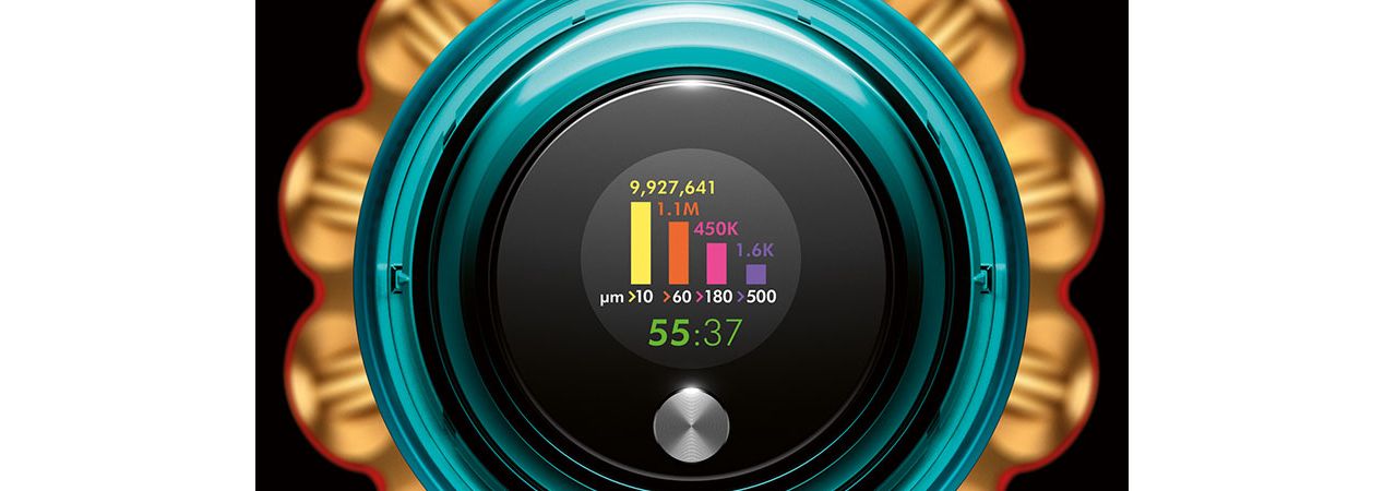 Dyson vacuum LCD screen showing counts of different sized particles