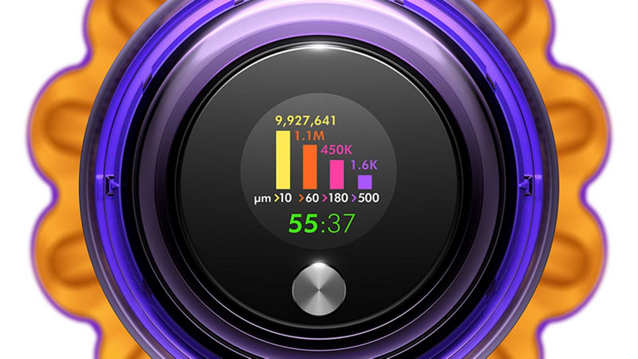 Dyson V15 vacuum LCD screen showing real time particle count