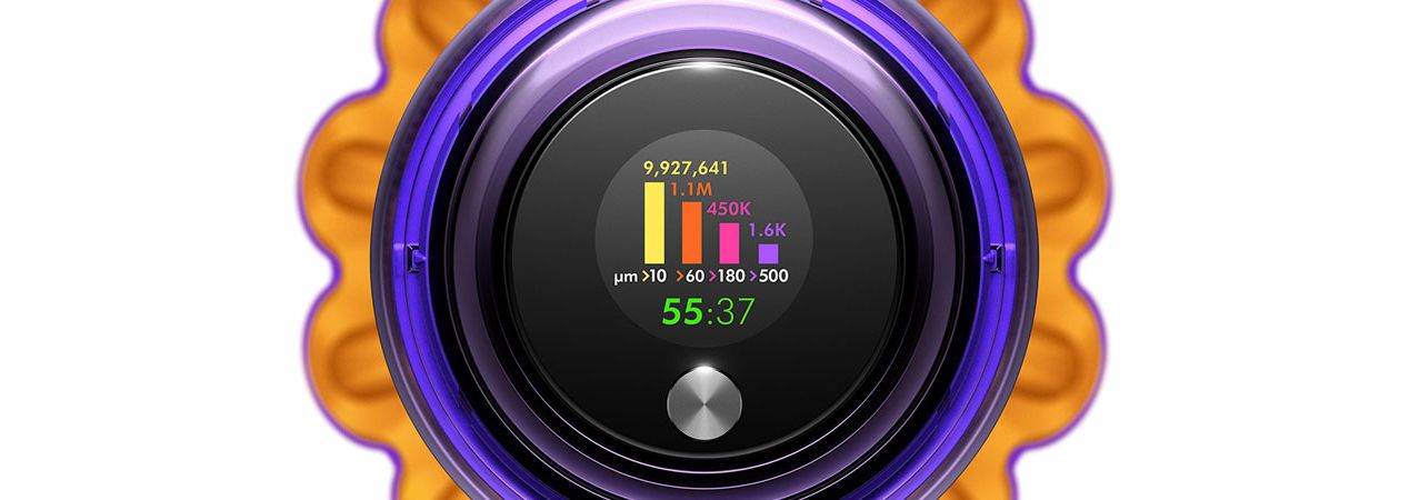 Dyson V15 vacuum LCD screen showing real time particle count