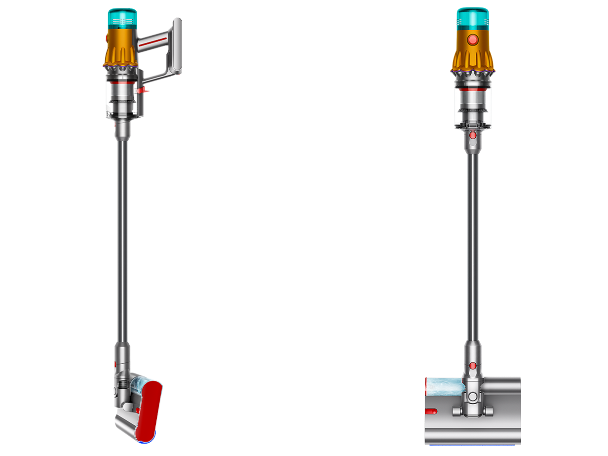 Dyson V12s Detect Slim Submarineを横と正面から見た図。