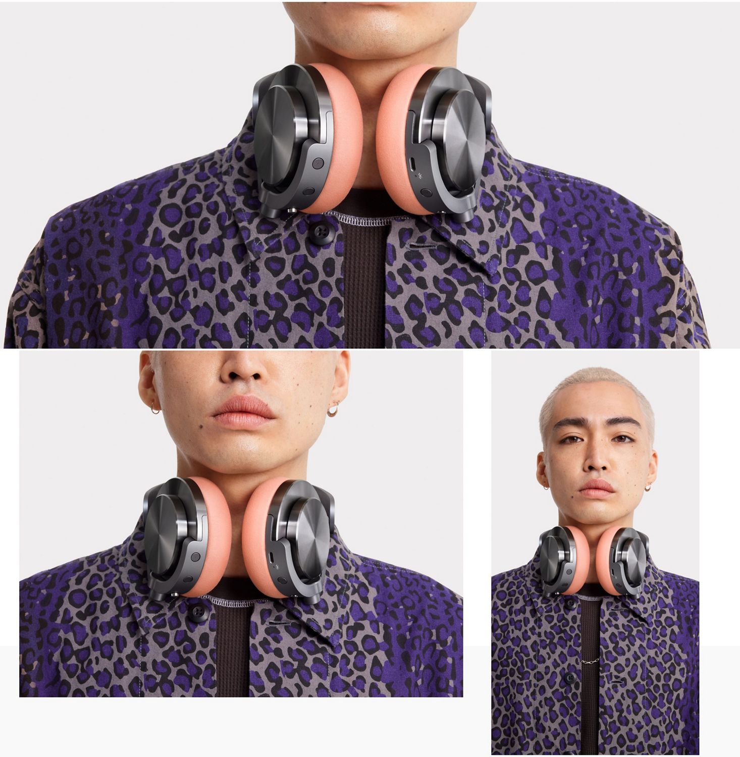 Model with the Dyson OnTrac headphones around their neck. Model with the Dyson OnTrac headphones around their neck.
