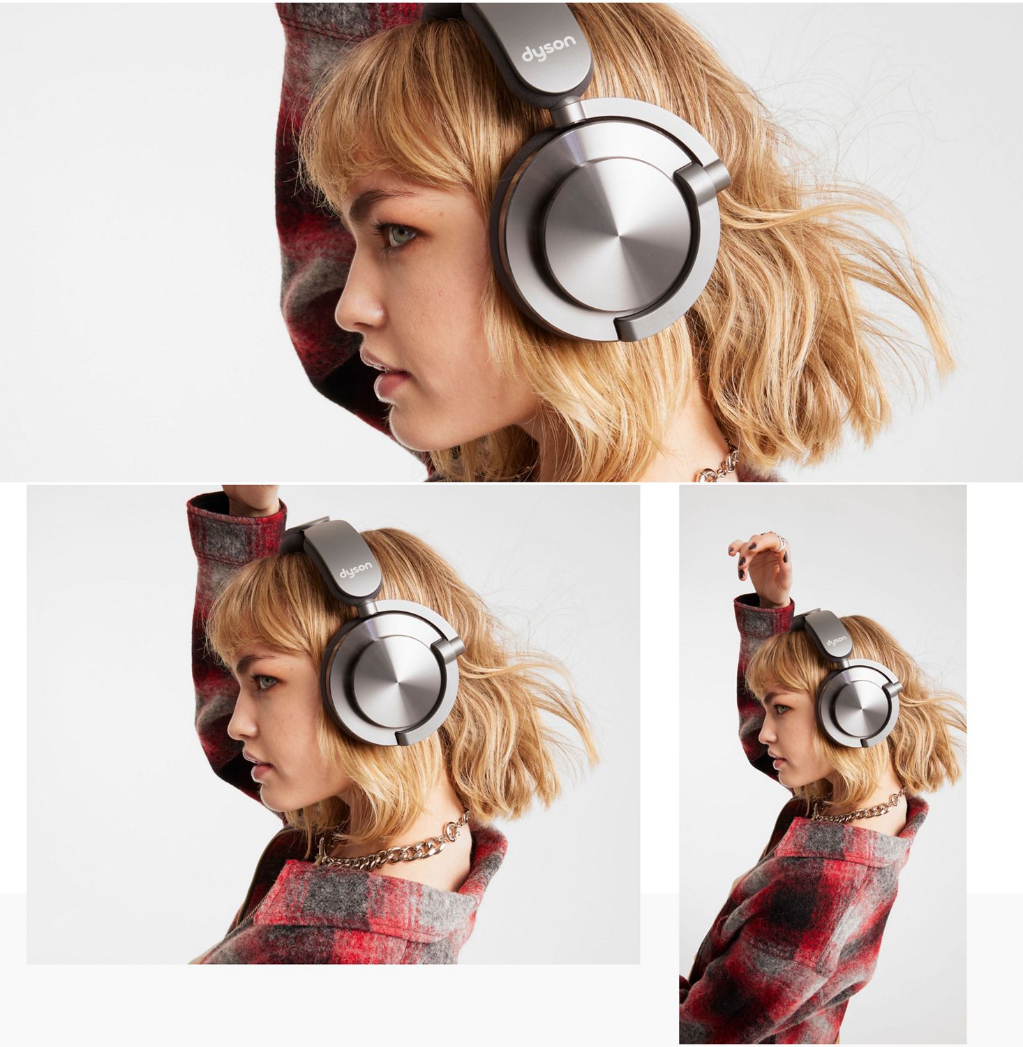 A side profile of a model with her hand over her head and wearing Dyson OnTrac headphones. A side profile of a model with her hand over her head and wearing Dyson OnTrac headphones.