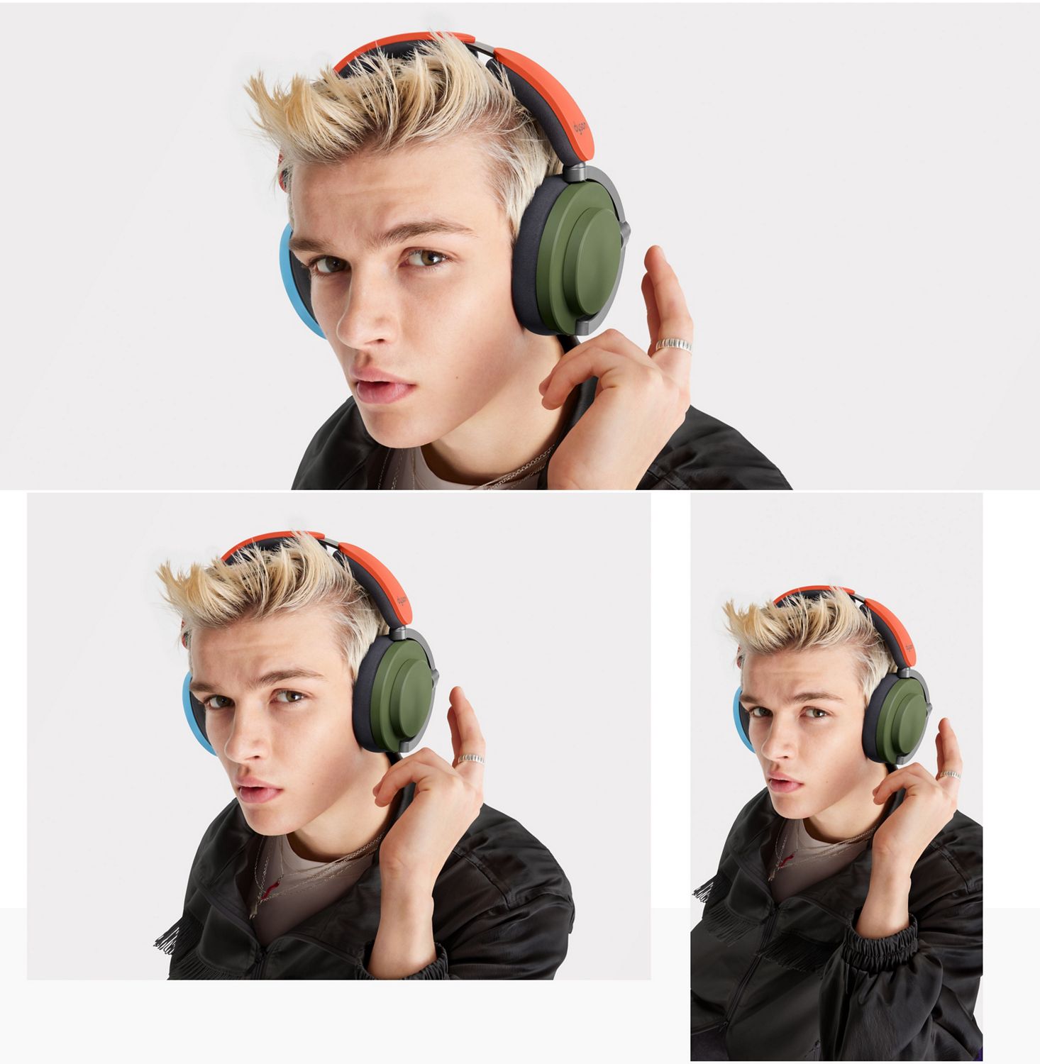 Model taps his Dyson OnTrac headphone to control the sound. Model taps his Dyson OnTrac headphone to control the sound.