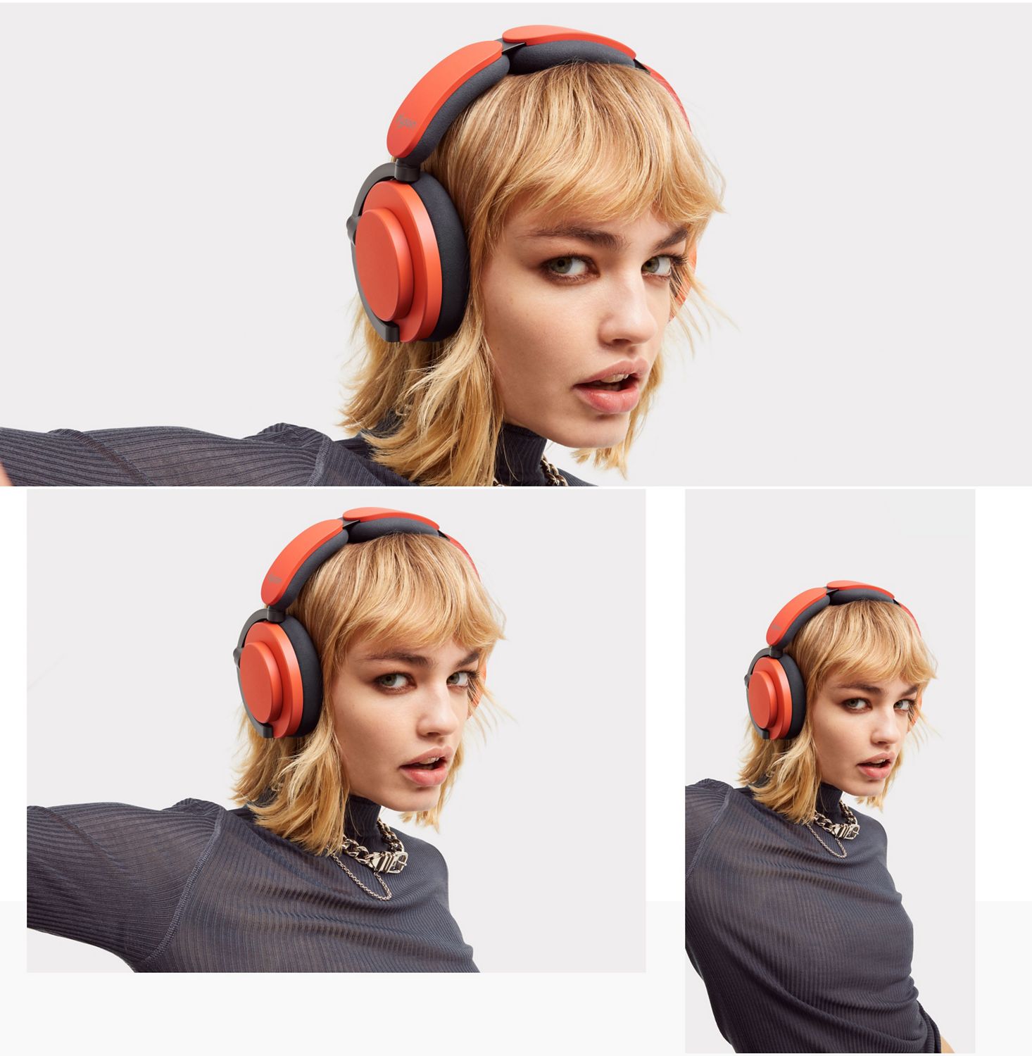 Model wearing Dyson OnTrac headphones while looking at the camera. Model wearing Dyson OnTrac headphones while looking at the camera.