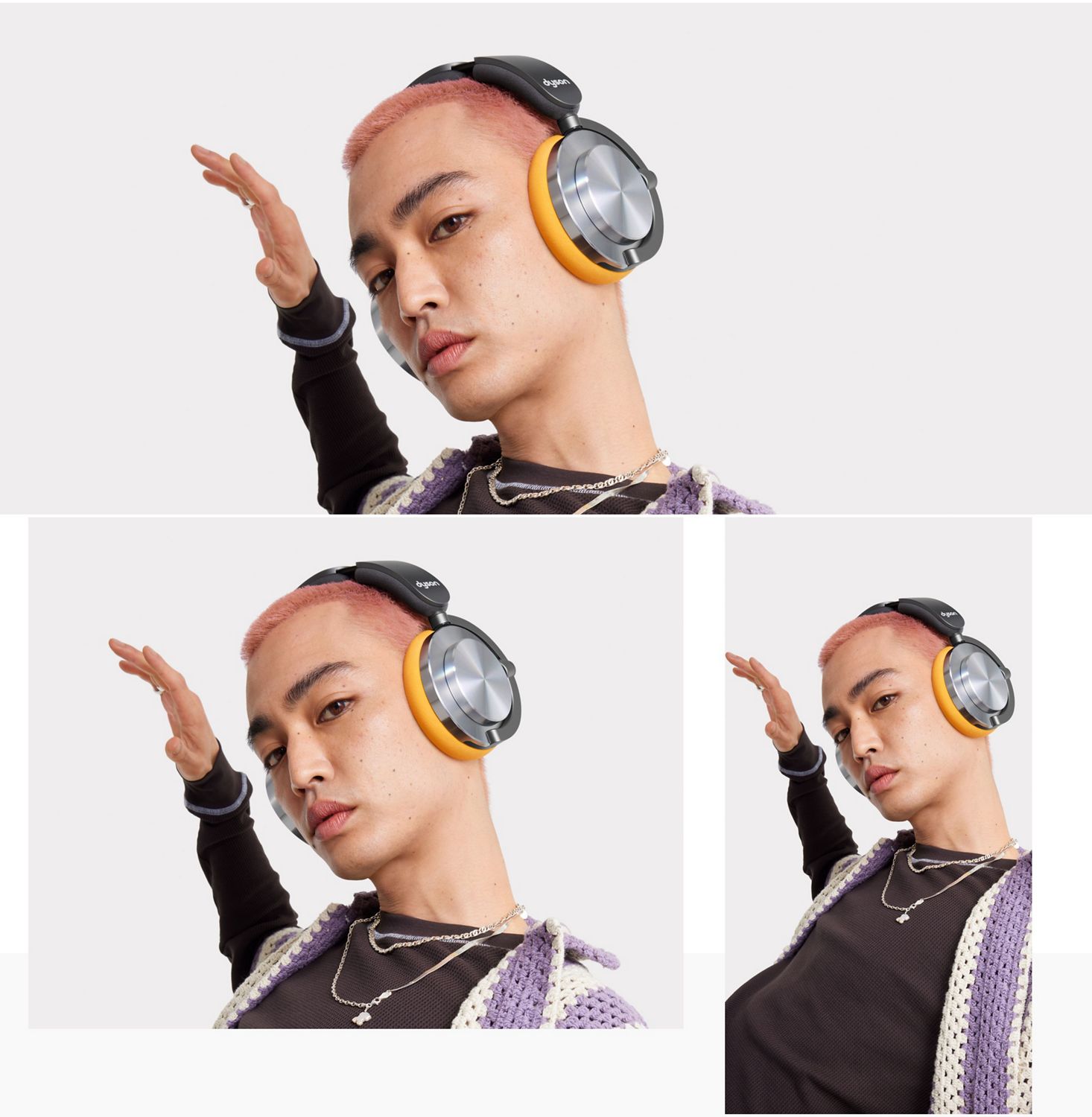 Model listens to music on their Dyson OnTrac headphones. Model listens to music on their Dyson OnTrac headphones.