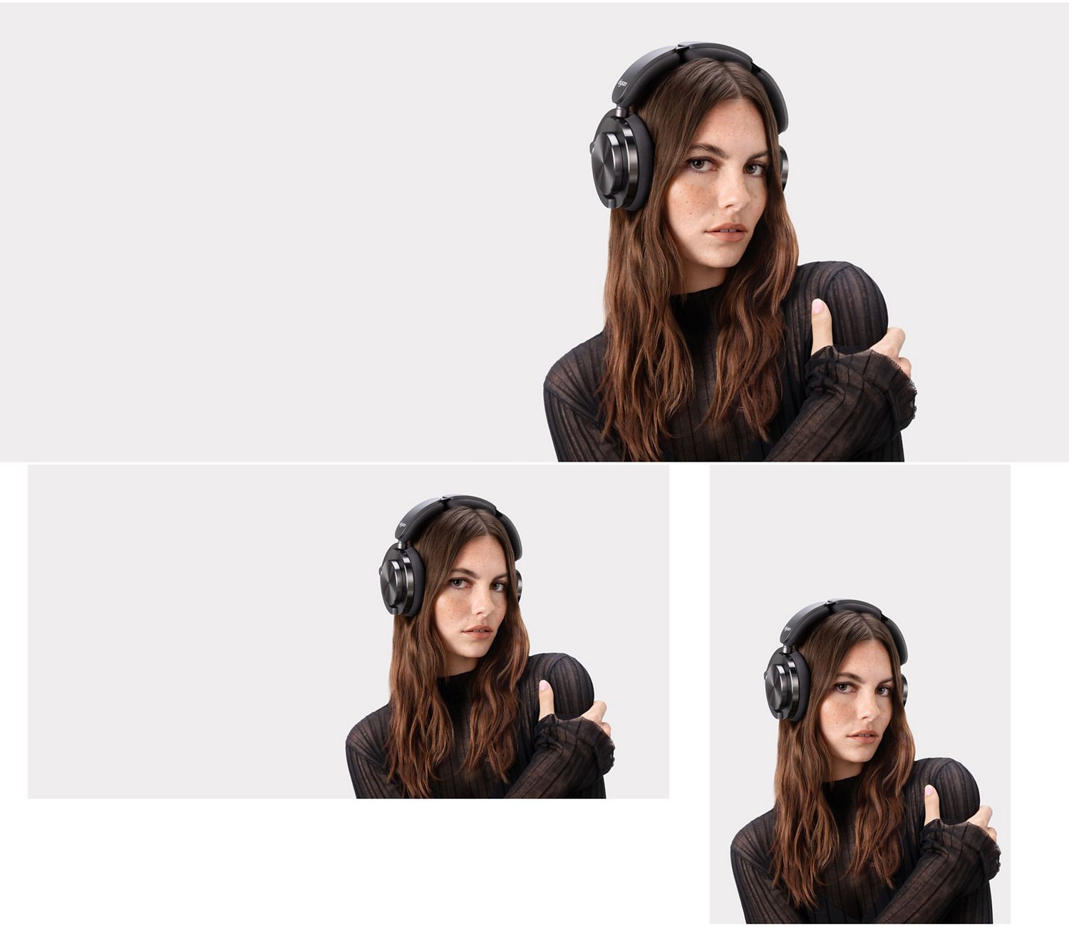 A model wearing Dyson OnTrac headphones with CNC Black Nickel Outer caps.