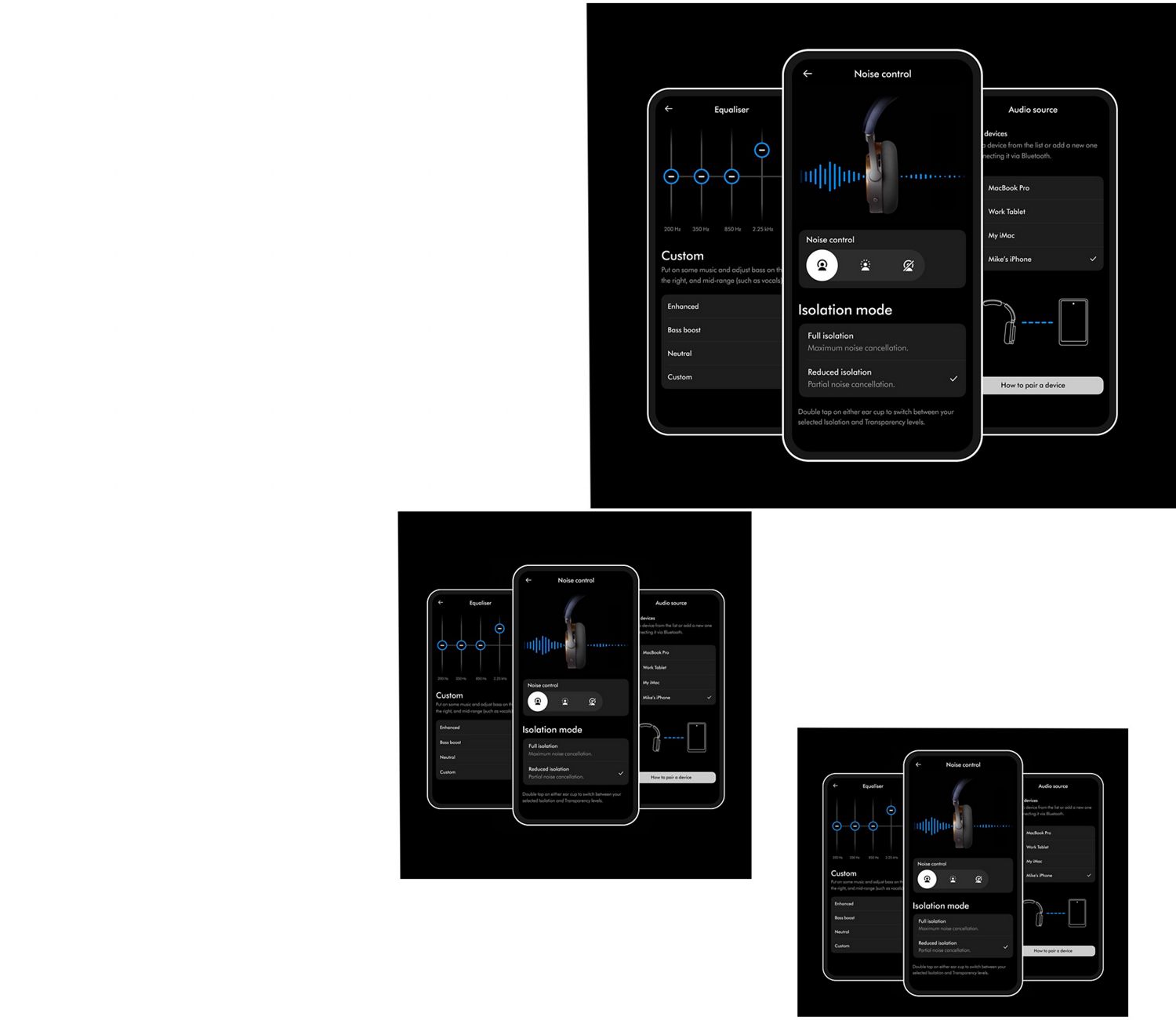 A trio of phone screens shows the Dyson OnTrac headphone’s controls on the MyDyson app.