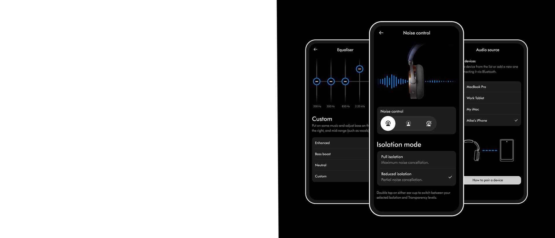 A trio of phone screens shows the Dyson OnTrac headphone’s controls on the MyDyson app.