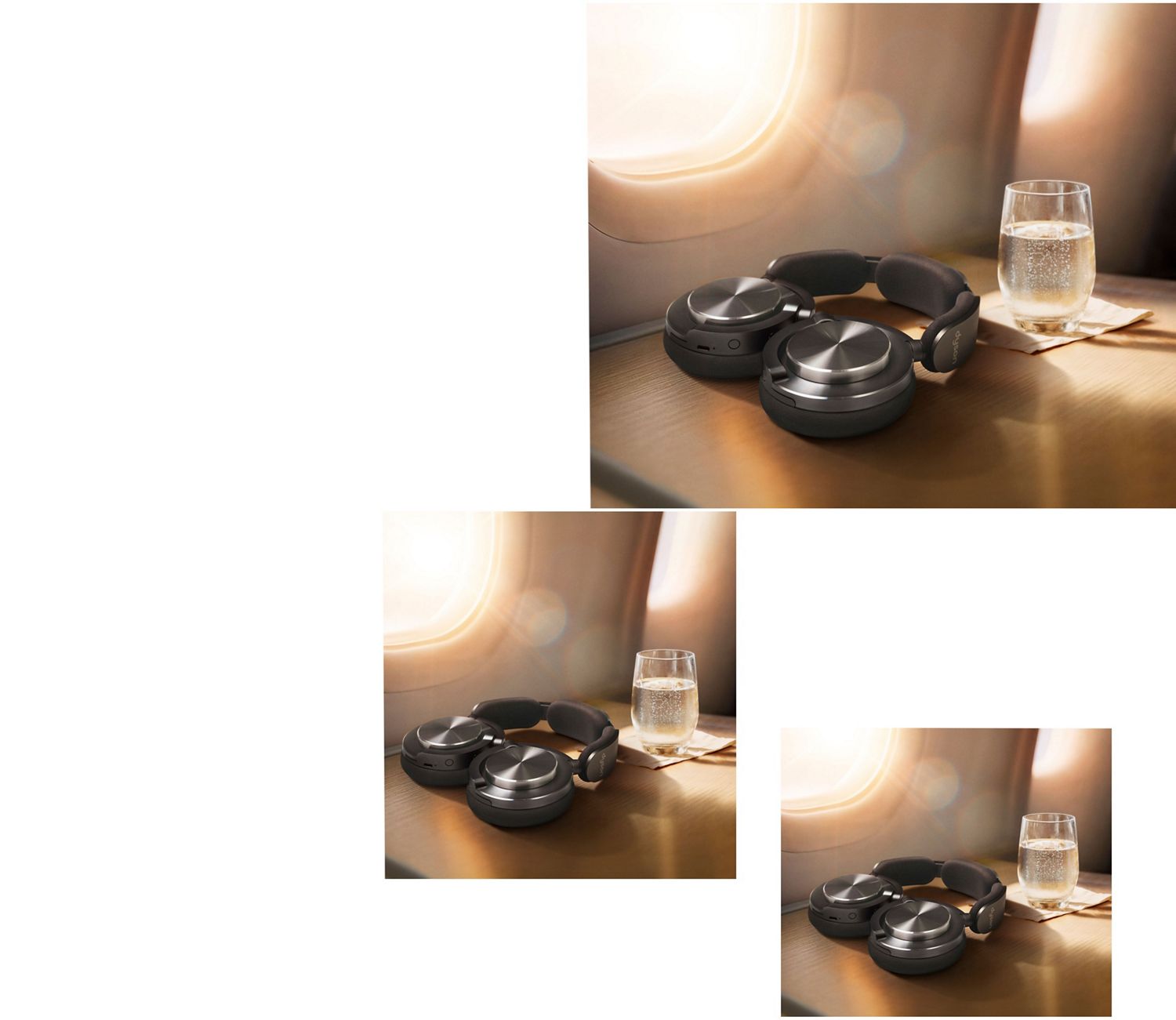 Dyson OnTrac headphones folded flat to lie conveniently on a table.