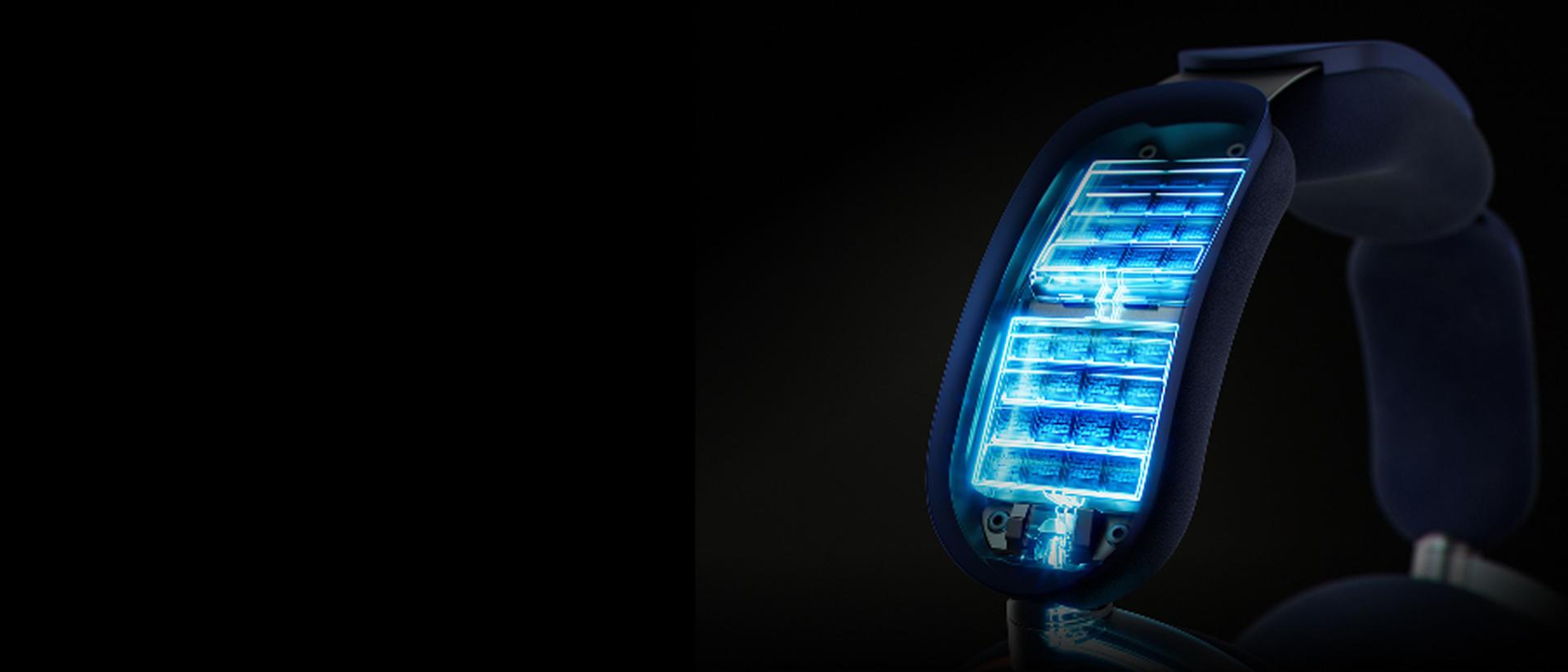 A cutaway image showing the battery technology inside the headband.