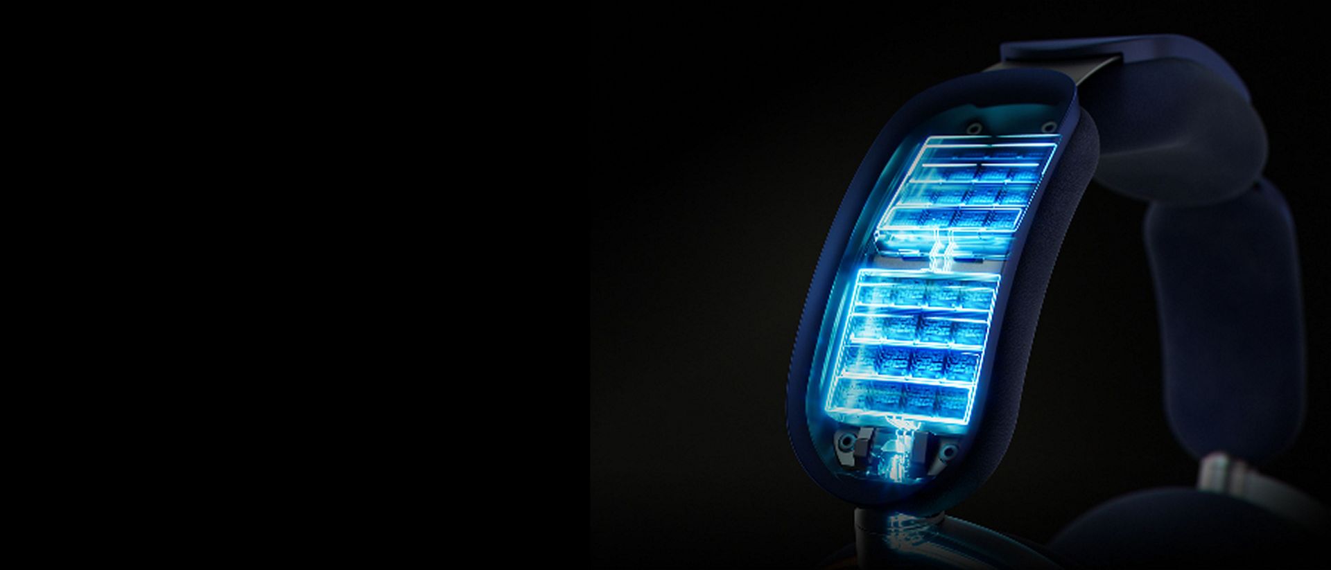 A cutaway image showing the battery technology inside the headband.