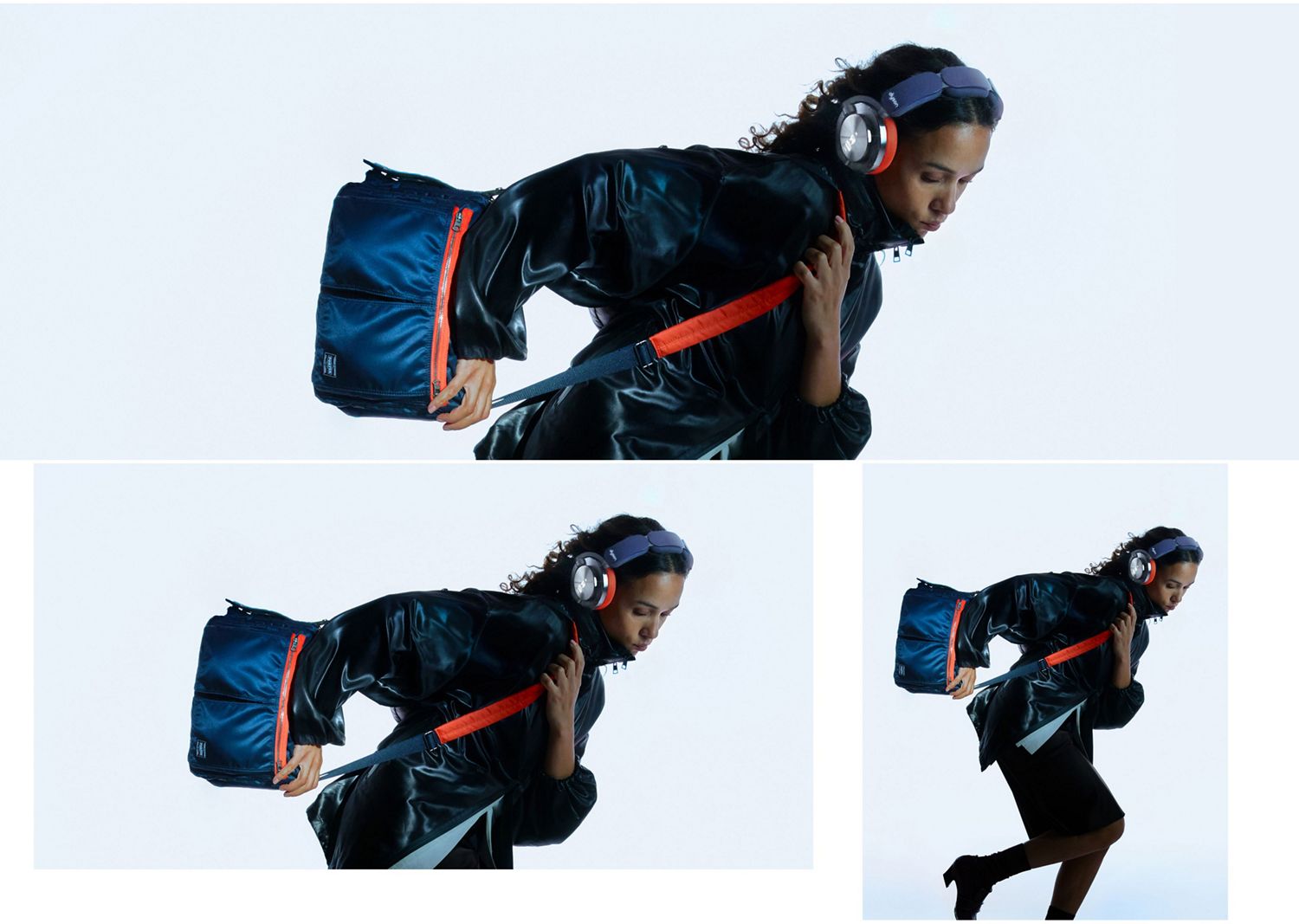 モデルがDyson OnTracとPORTERのカスタムショルダーバッグを動きのあるポーズで紹介。