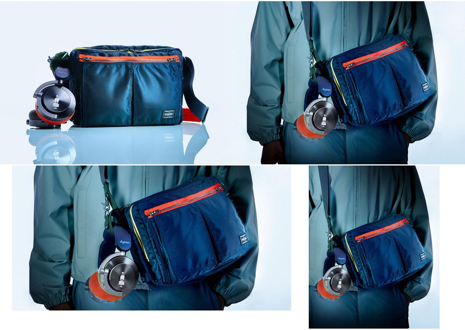 モデルがDyson OnTracとPORTERのカスタムショルダーバッグを着用し、バッグの専用ホルダーにOnTracヘッドフォンを収納。