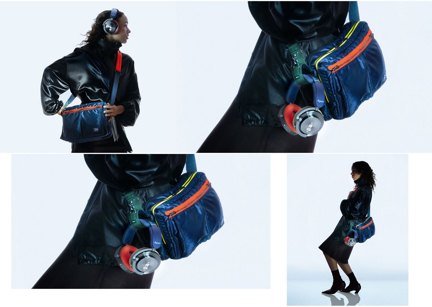 モデルがDyson OnTracとPORTERのカスタムショルダーバッグを紹介。バッグの専用ホルダーにOnTracヘッドホンを収納。