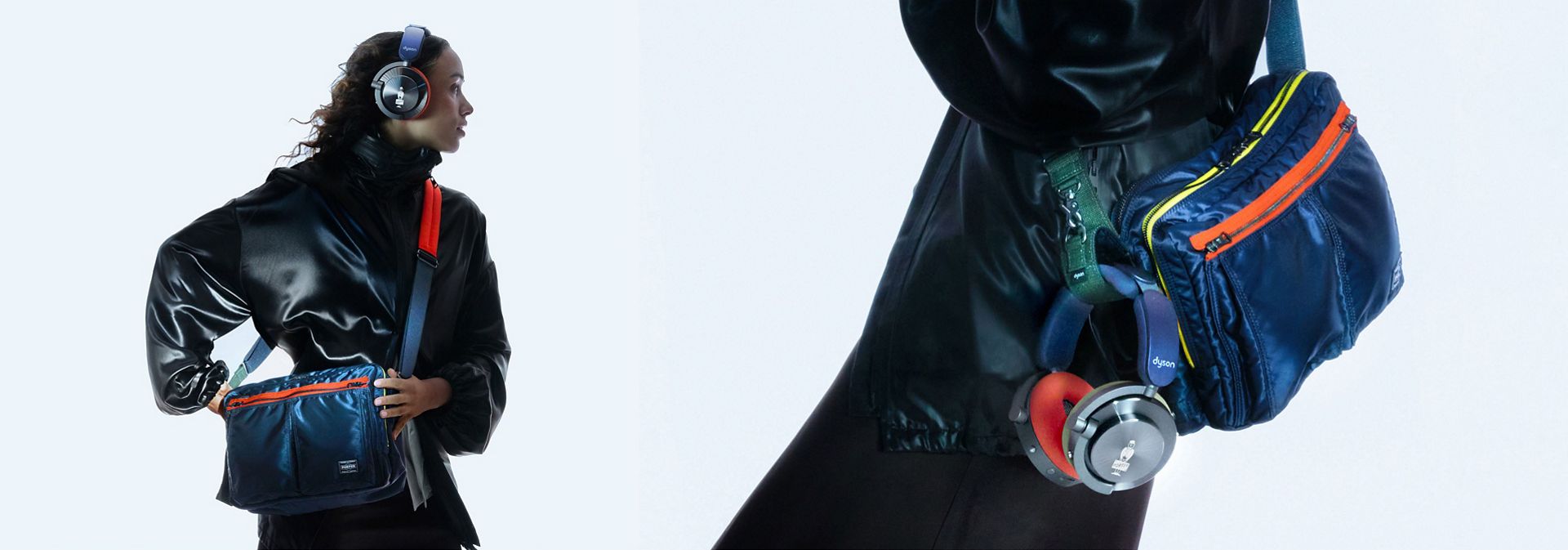 Model showcases Dyson OnTrac and PORTER custom shoulder bag with OnTrac headphones in the bag’s specialised holder.