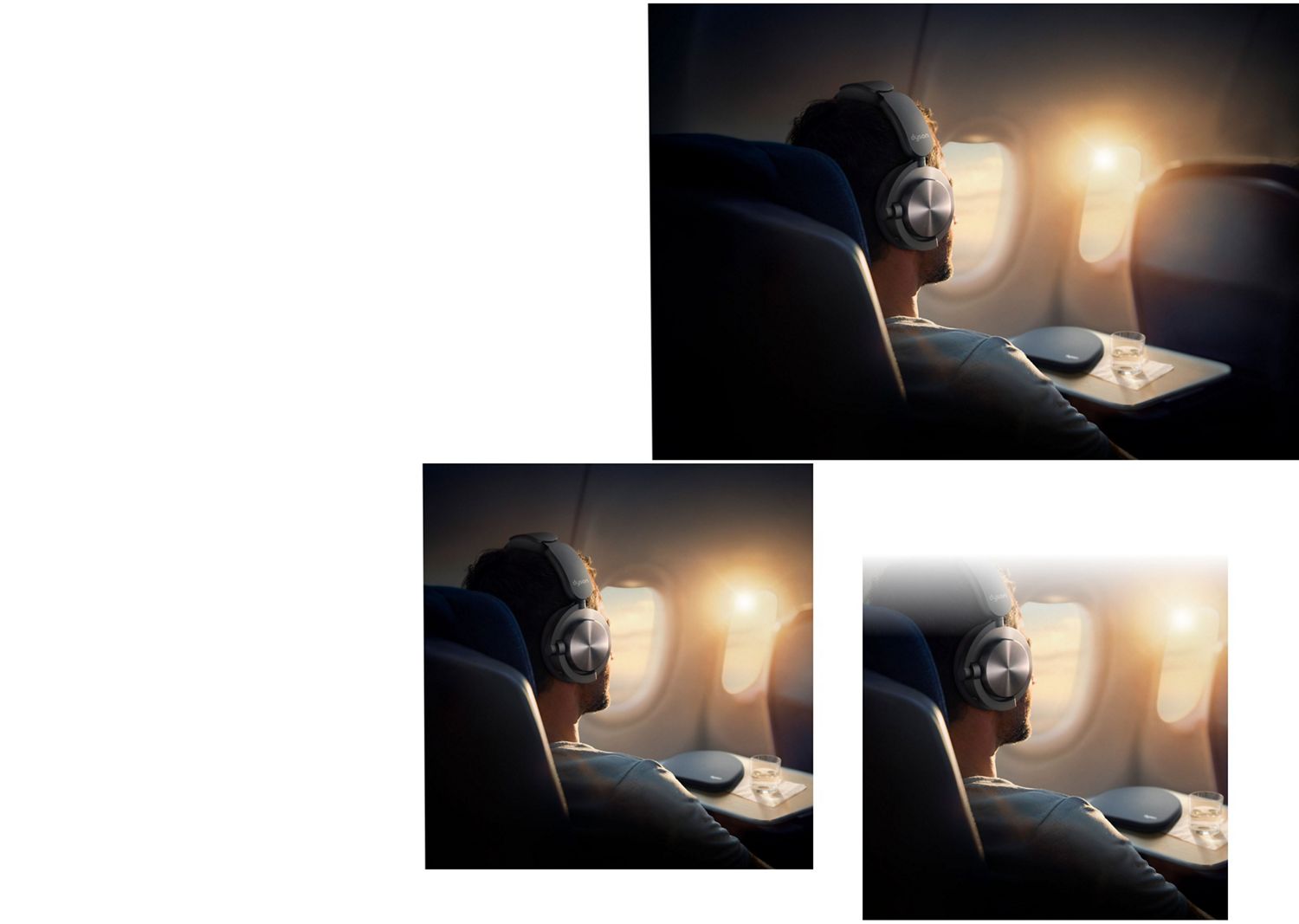 OnTracヘッドホンを着用して飛行機内でリラックスしている人。