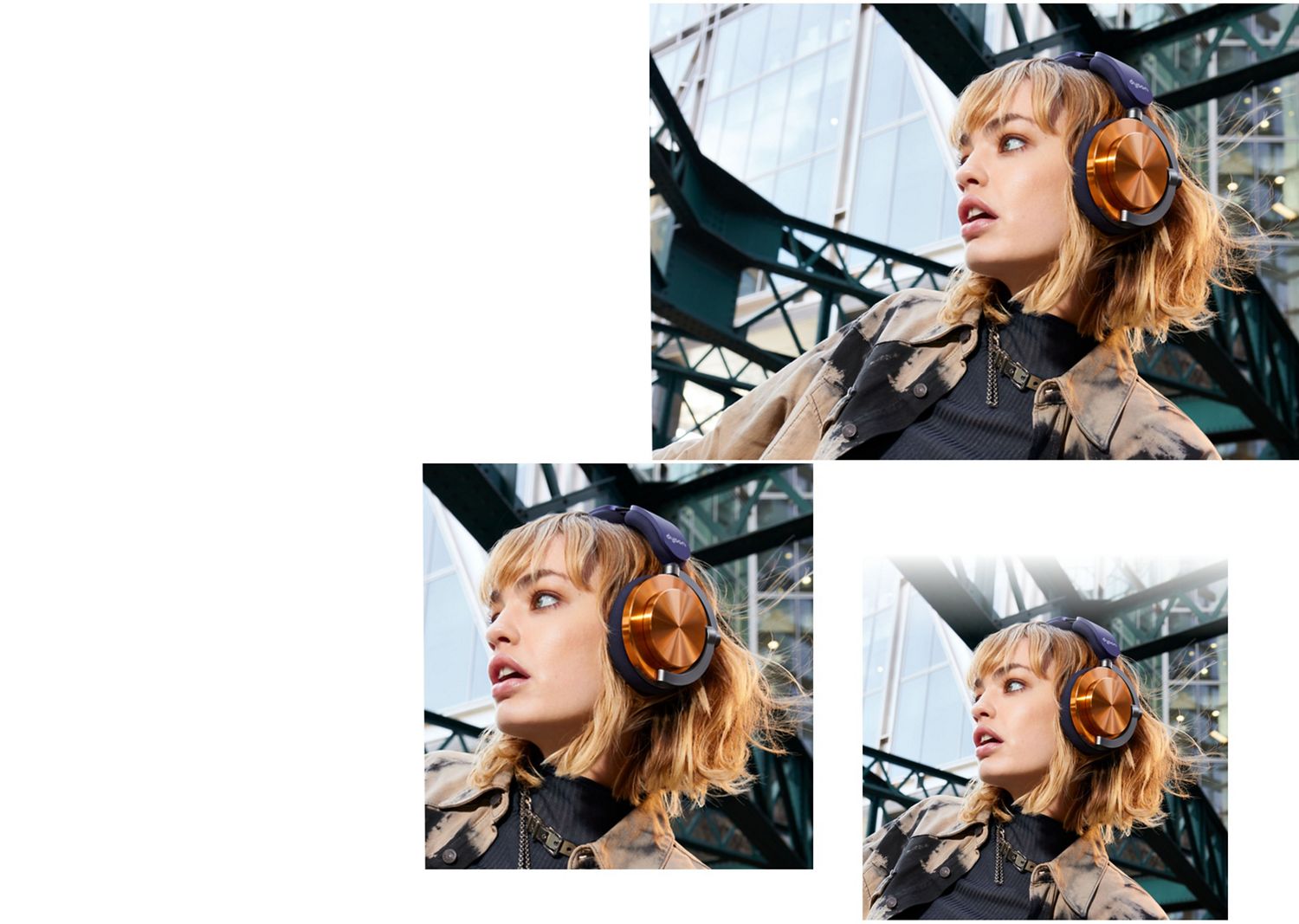 CNCコッパーアウターキャップ付きのDyson OnTracヘッドホンを着用し、モダンな建物の外にいるモデル。