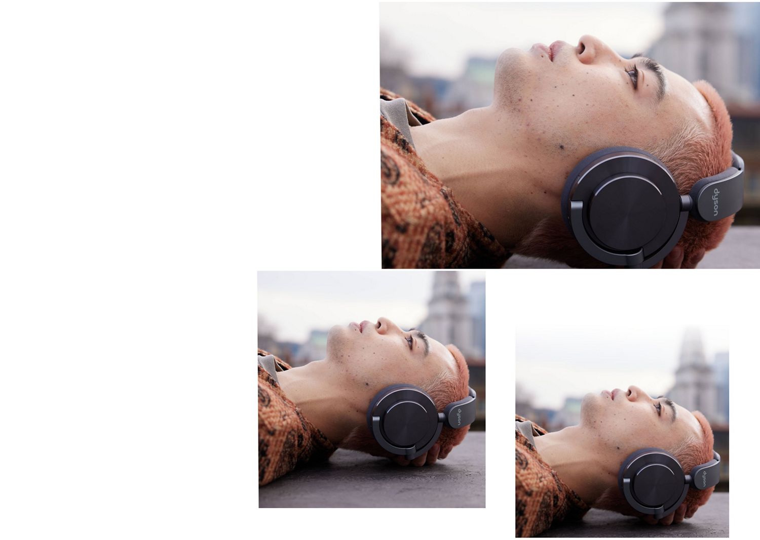 Dyson OnTracヘッドホンを装着して横たわるモデル。