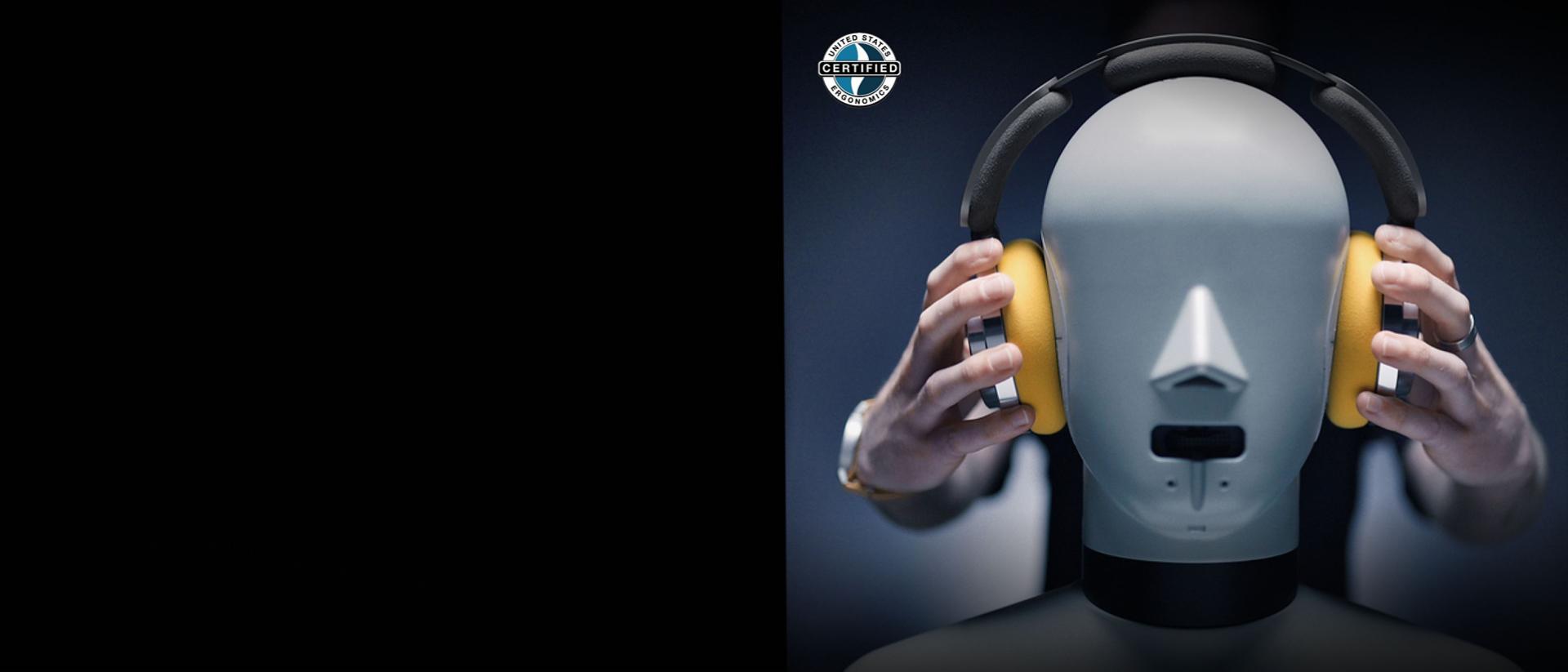 Dyson OnTrac headphones being fitted on a test dummy’s head.