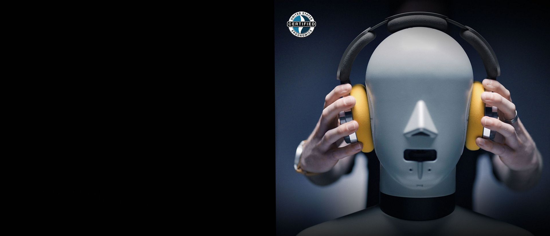 Dyson OnTrac headphones being fitted on a test dummy’s head.